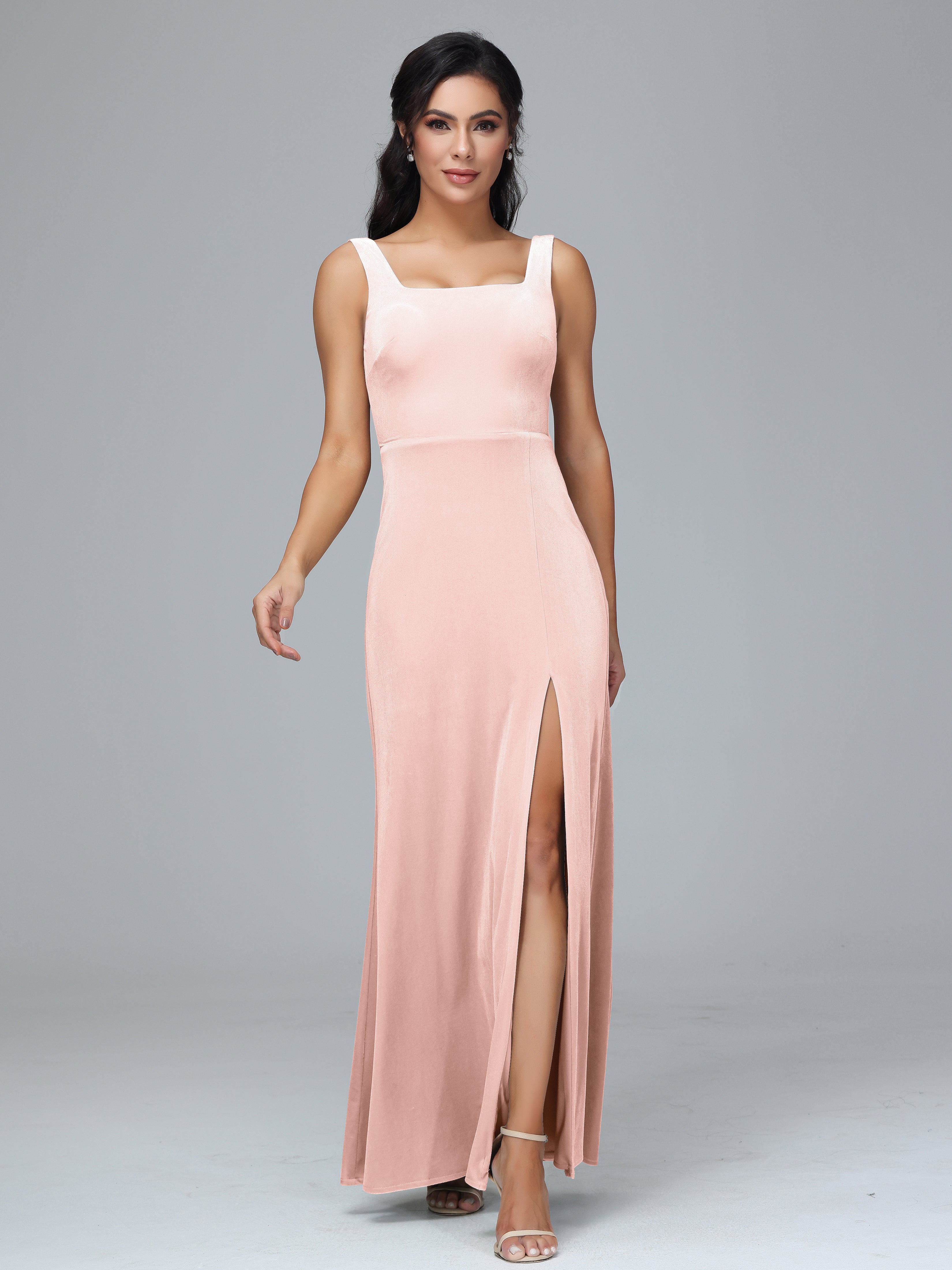 Scoop Straps Long Velvet Bridesmaid Dresses With Split