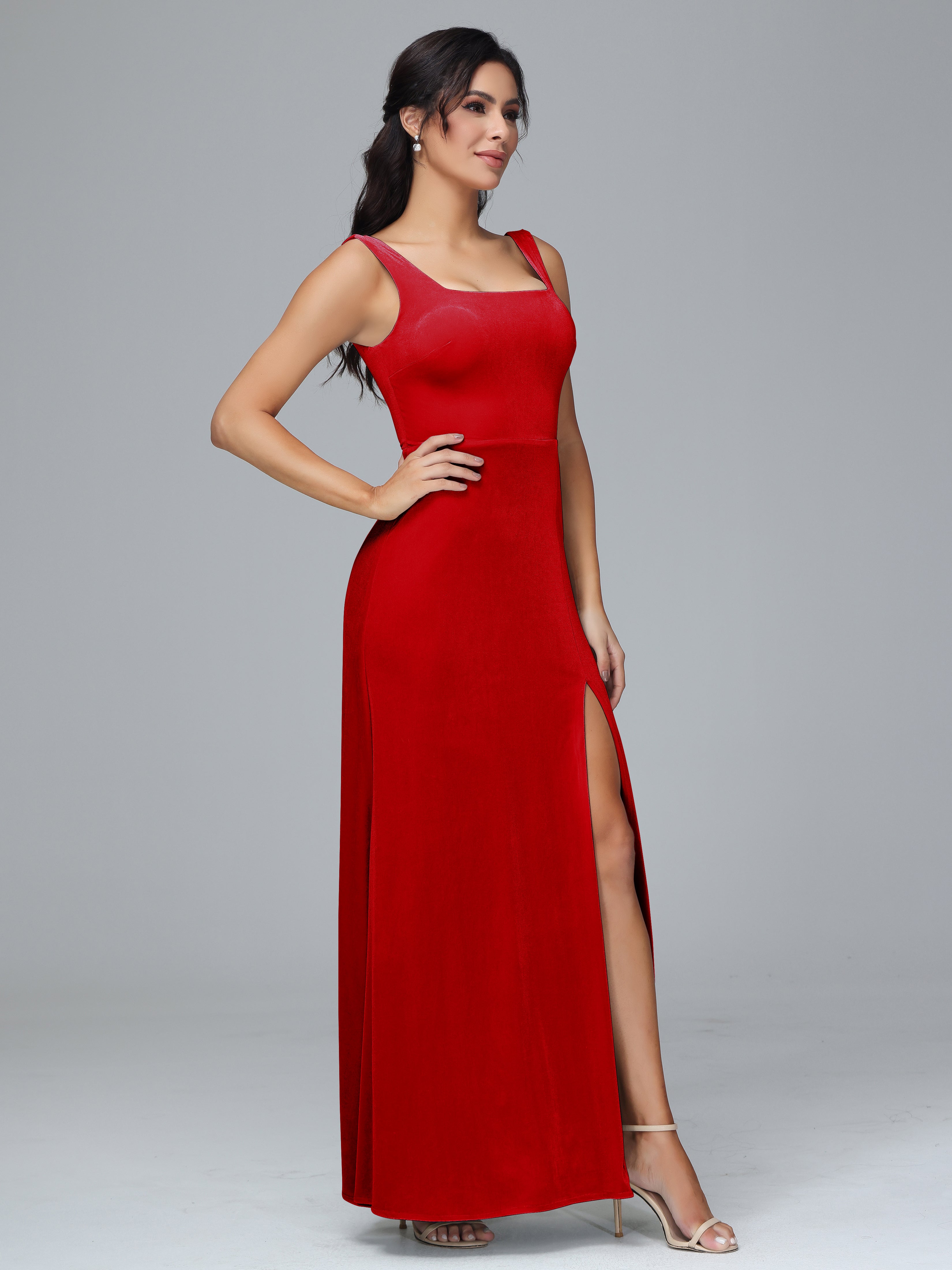 Scoop Straps Long Velvet Bridesmaid Dresses With Split
