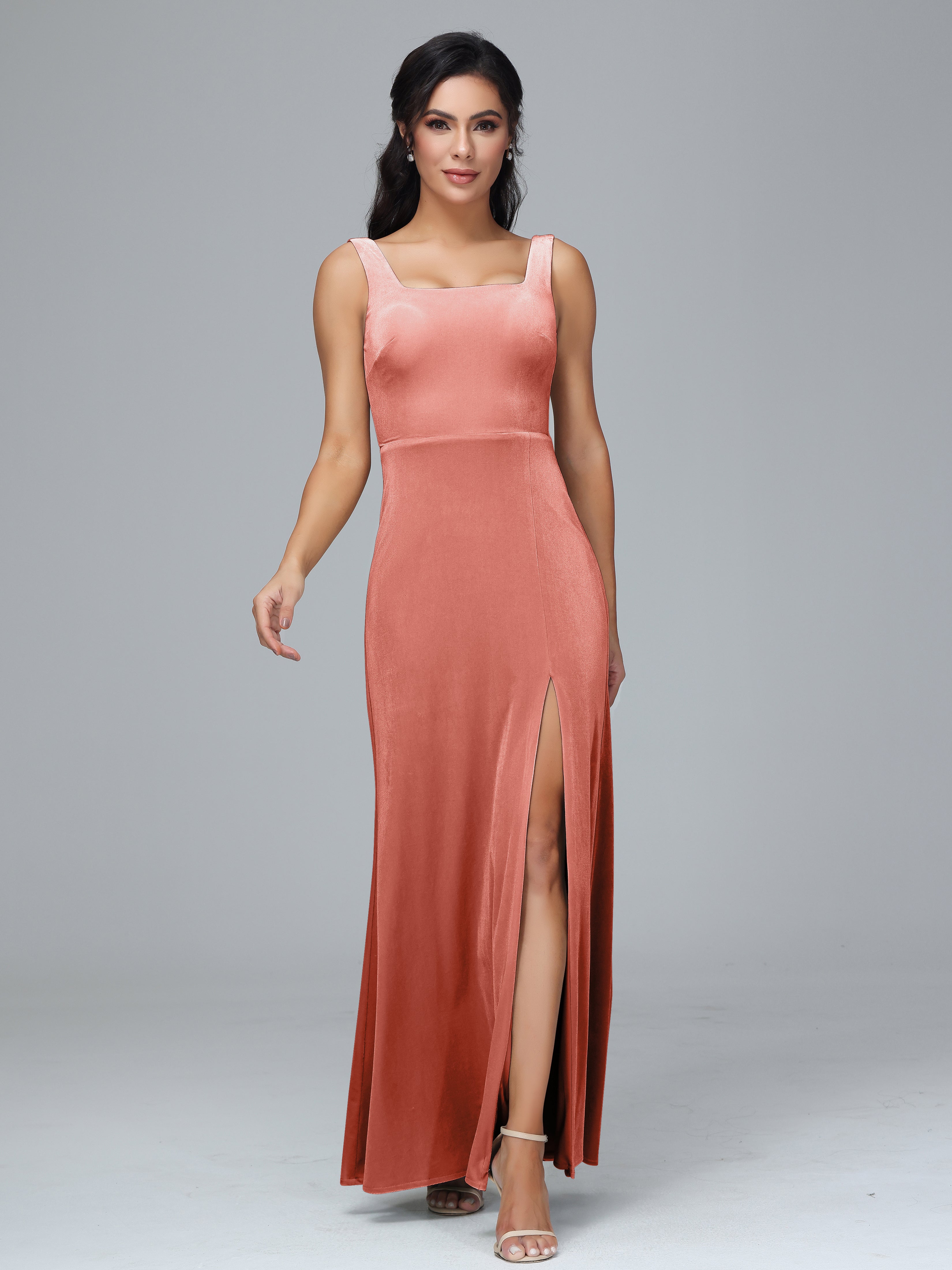 Scoop Straps Long Velvet Bridesmaid Dresses With Split