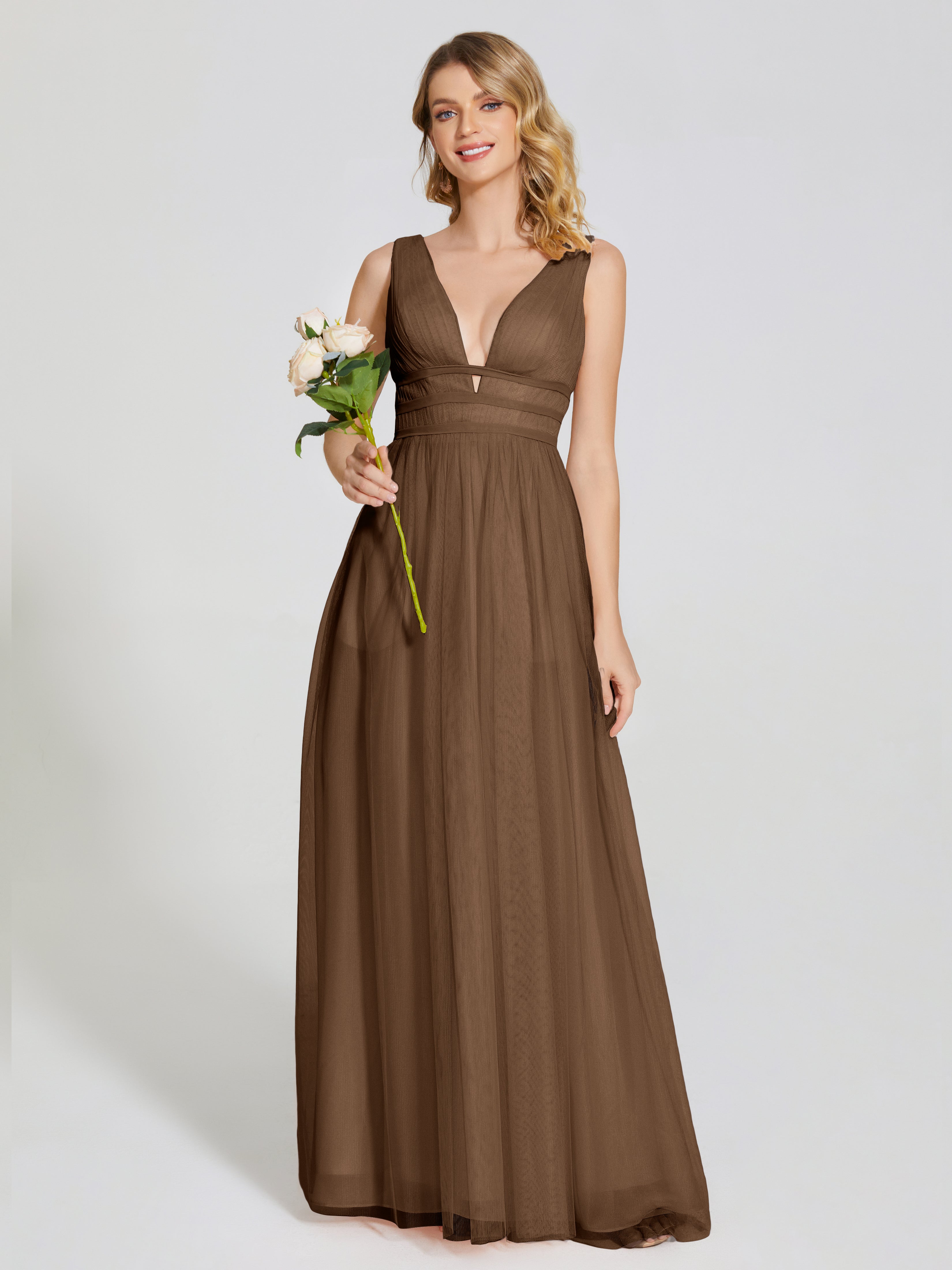 Modest Brown Bridesmaid Dresses Elliana Flowy V-Neck Tulle Bridesmaid