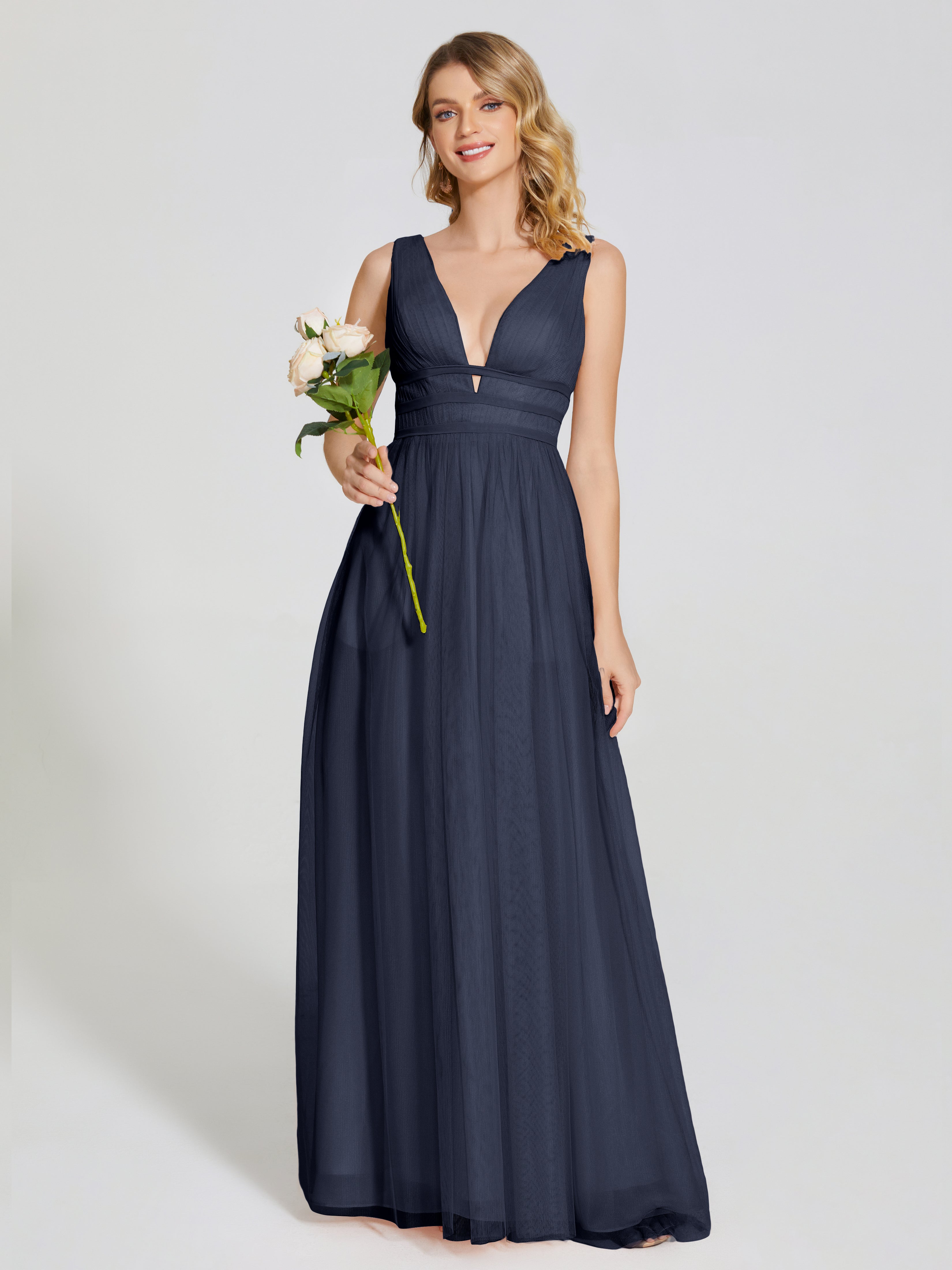 Dark Navy Bridesmaid Dresses Elliana Flowy V-Neck Tulle Bridesmaid Dre