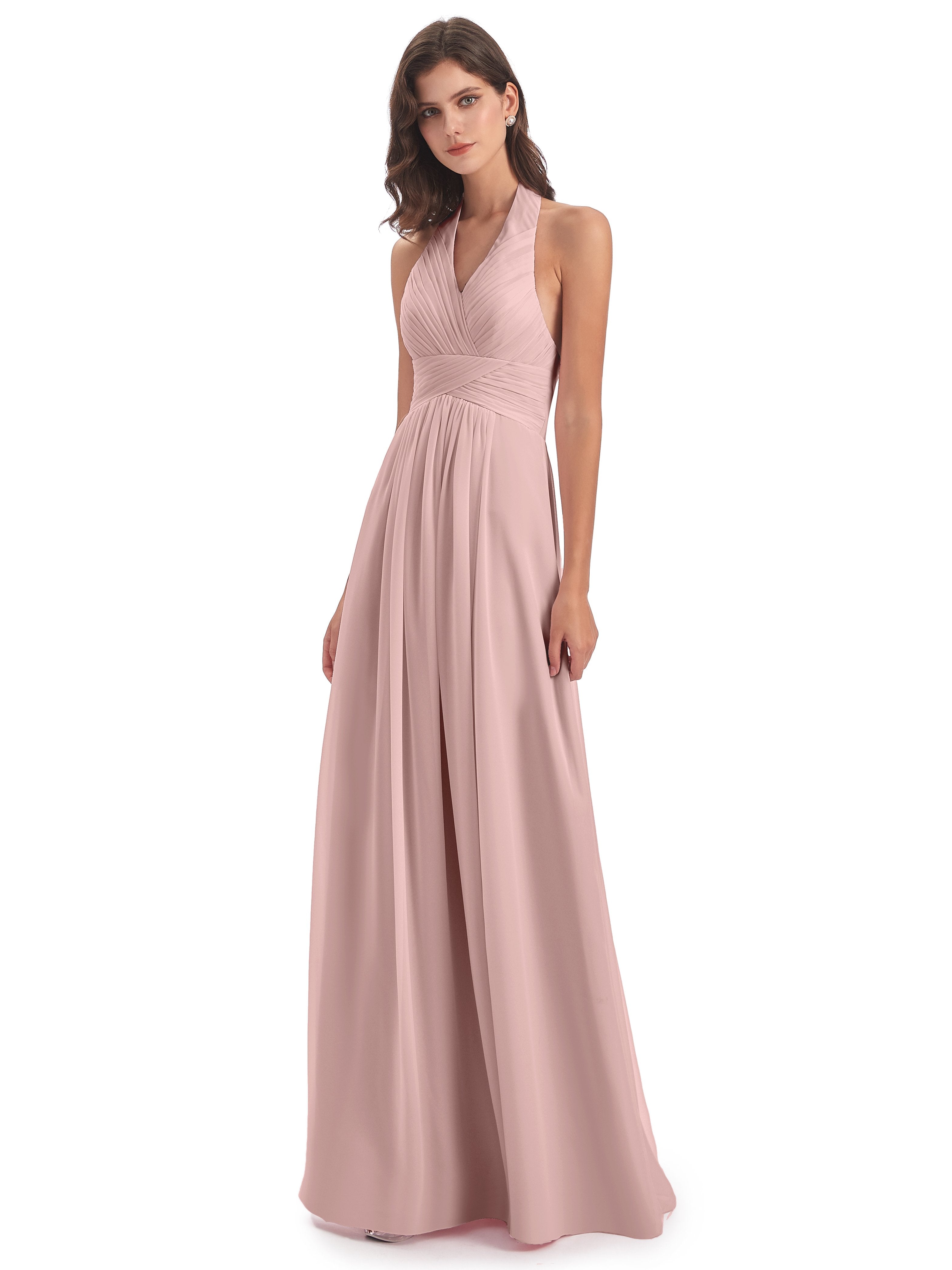 Dusty Pink Dusty Rose Bridesmaid Dresses Vintage Chiffon Halter Pleati