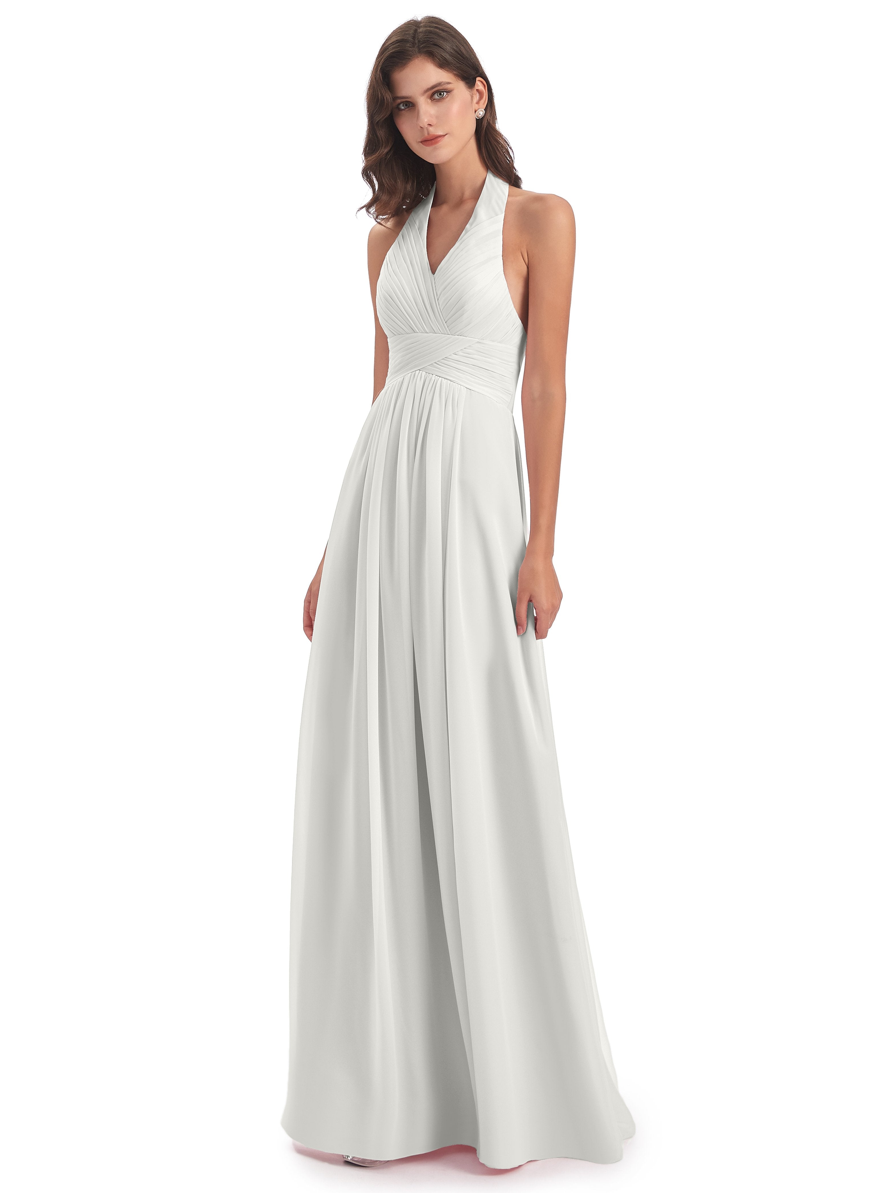 Ivory Chiffon Bridesmaid Dresses Vintage Chiffon Halter Pleating Long