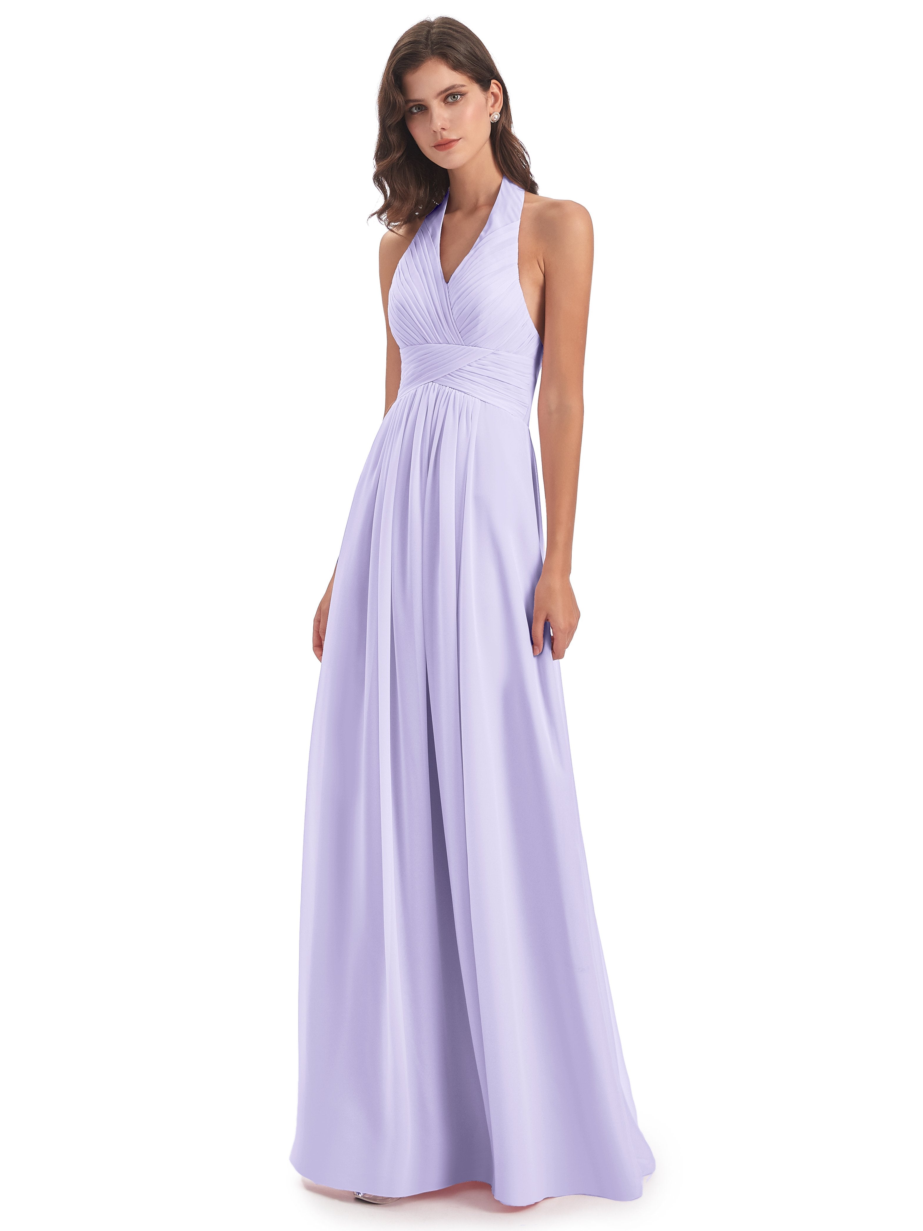 Lilac Bridesmaids Dresses Vintage Chiffon Halter Pleating Long Bridesm