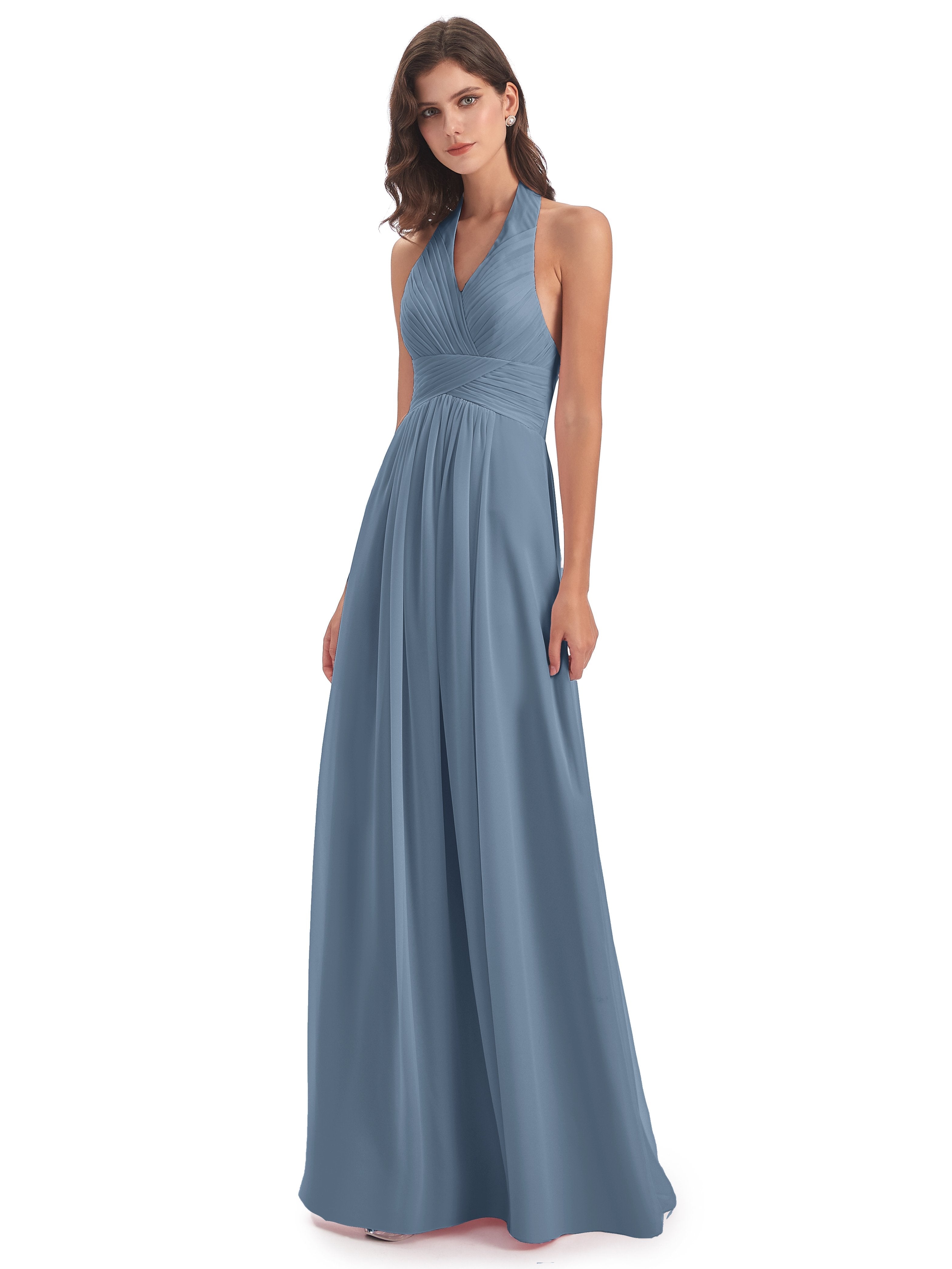 Slate Blue Bridesmaid Vintage Chiffon Halter Pleating Long Bridesmaid