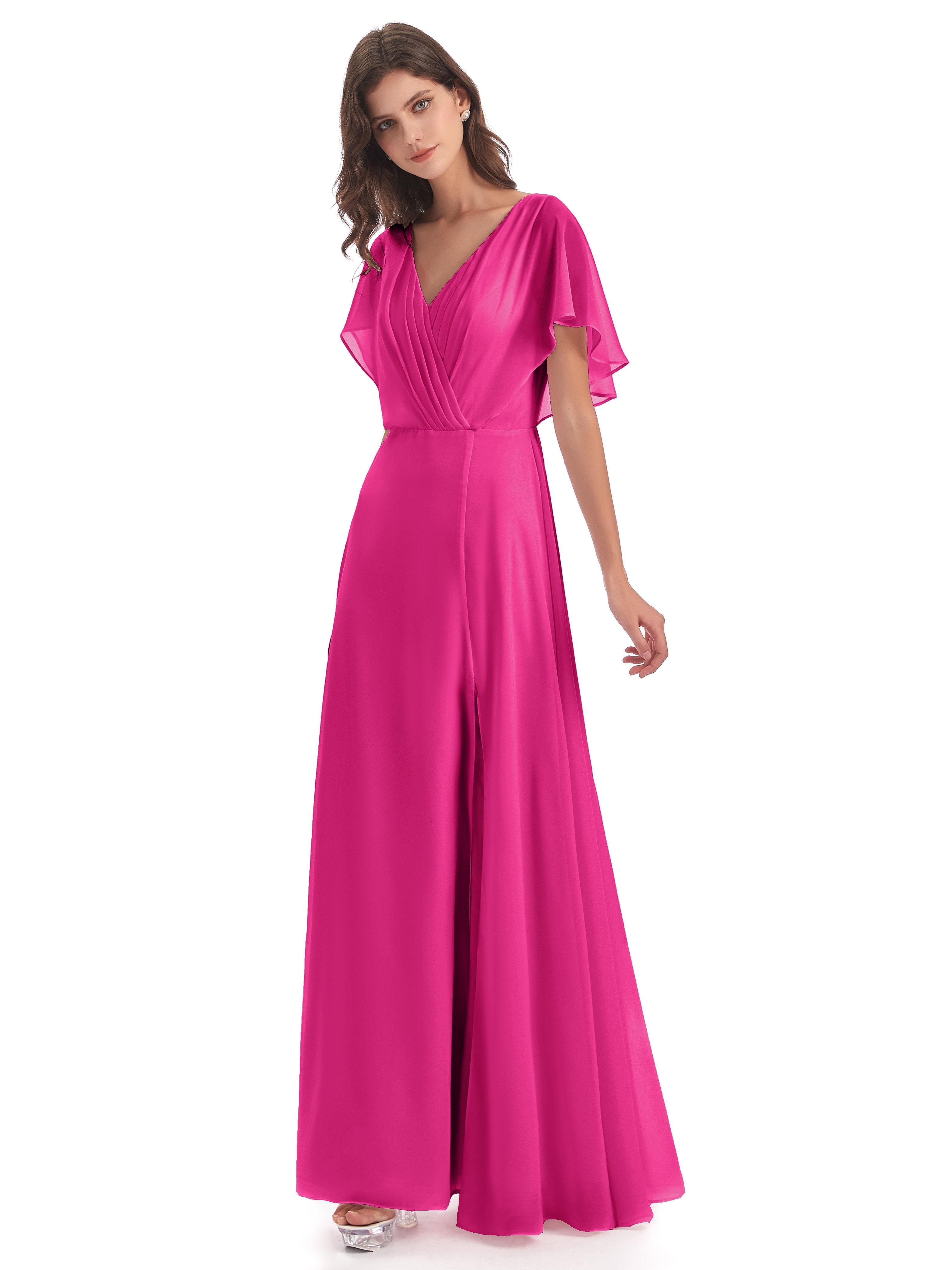 Fuchsia Bridesmaids Dresses With Sleeves Emily Modest Chiffon Split Lo