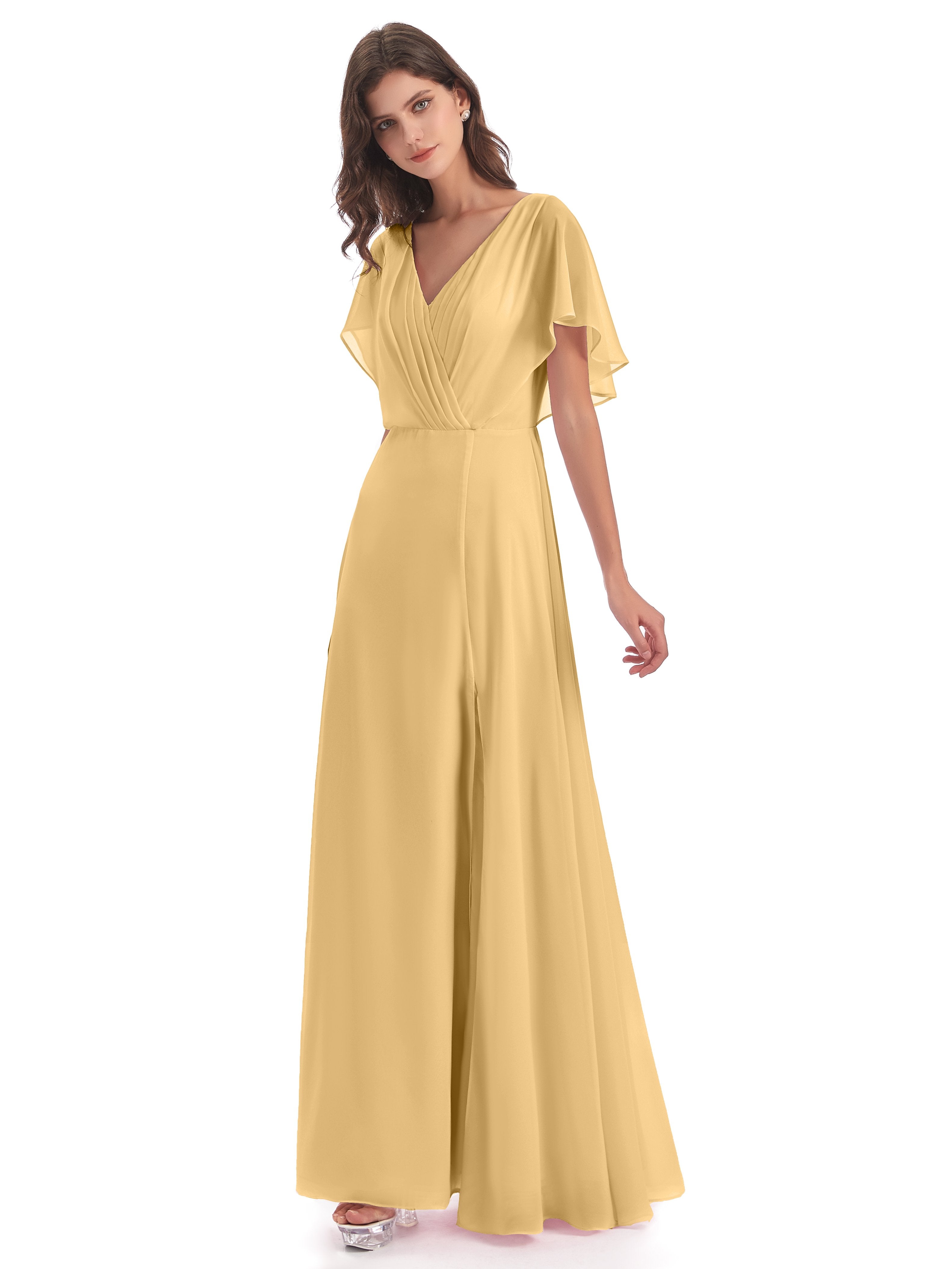 Gold Bridesmaid Dresses With Sleeves Emily Modest Chiffon Split Long B Gold Bridesmaid Dresses With Sleeves Emily Modest Chiffon Split Long B