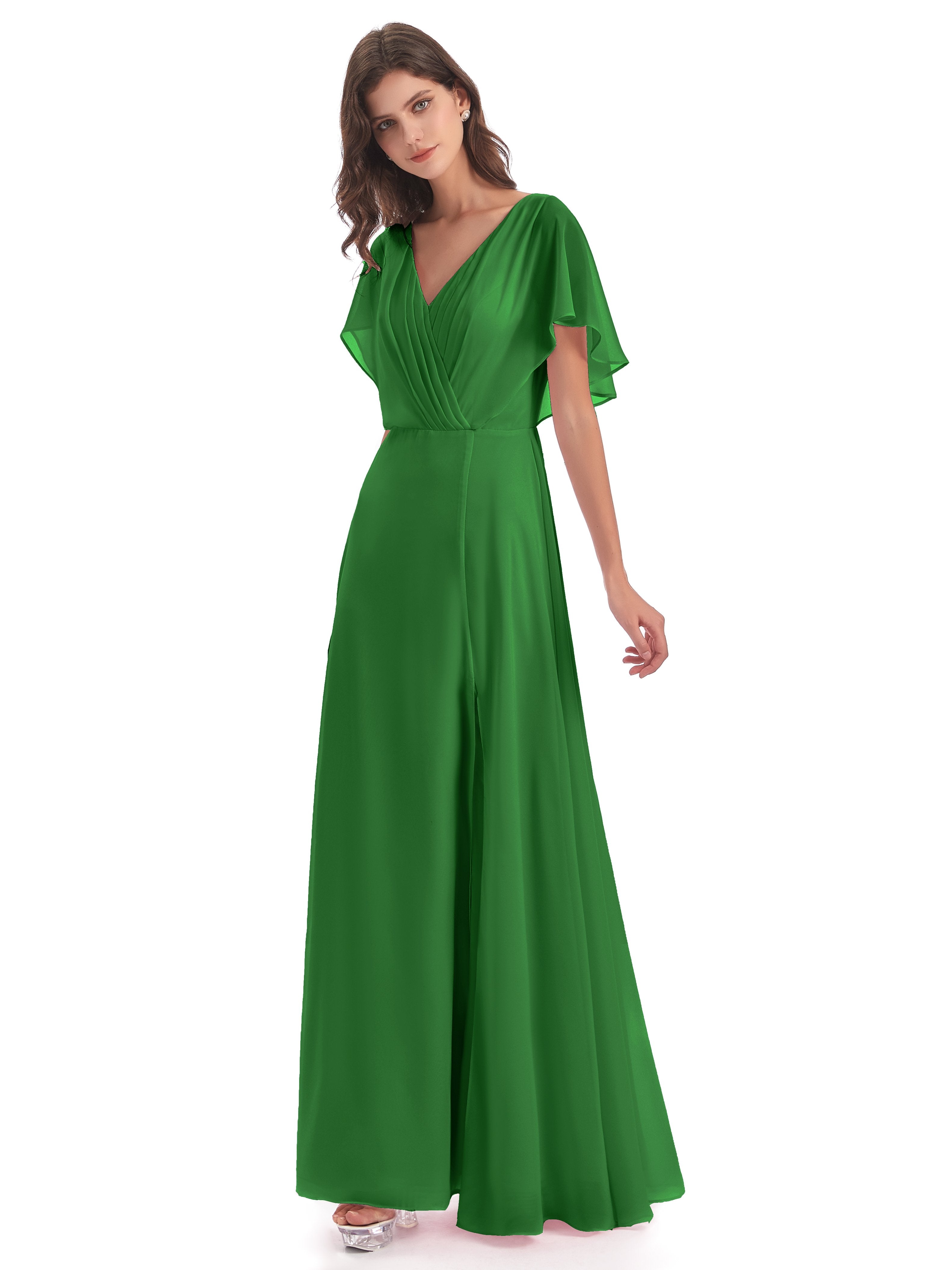 Green Bridesmaid Dresses With Sleeves Emily Modest Chiffon Split Long