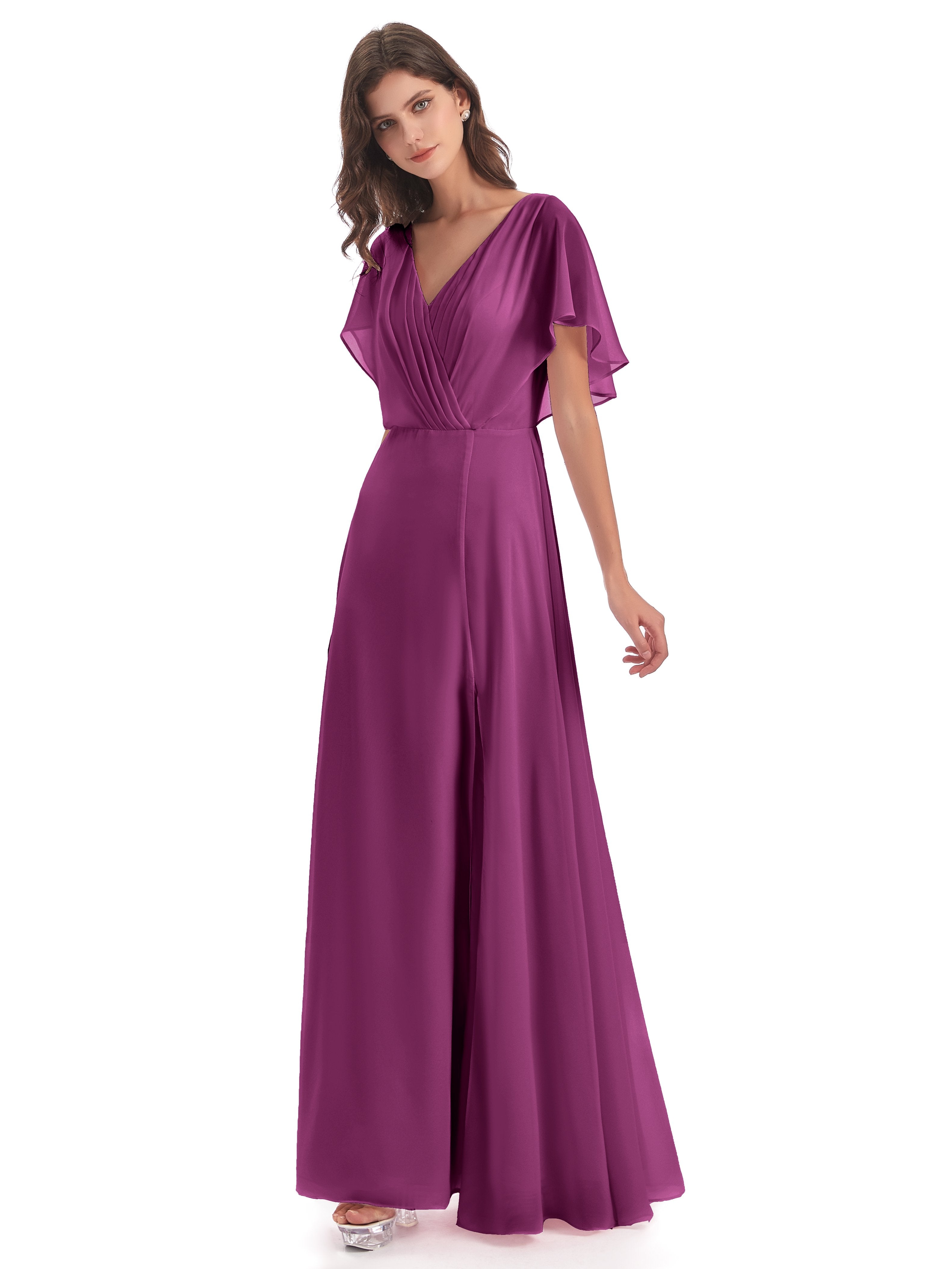 Orchid Color Bridesmaid Dresses Emily Modest Chiffon Split Long Brides