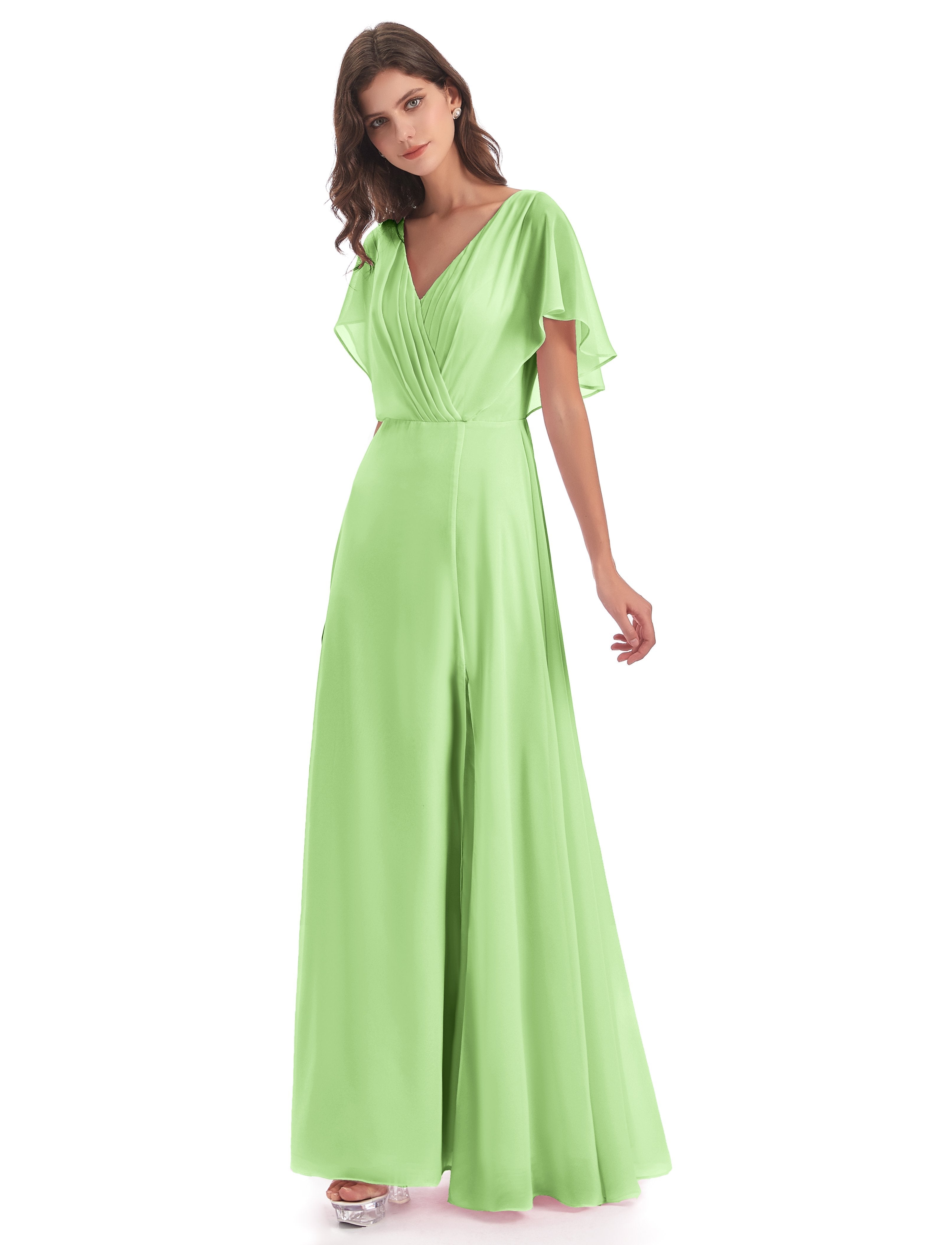 Sage Green Bridesmaid Dresses With Sleeves Emily Modest Chiffon Split
