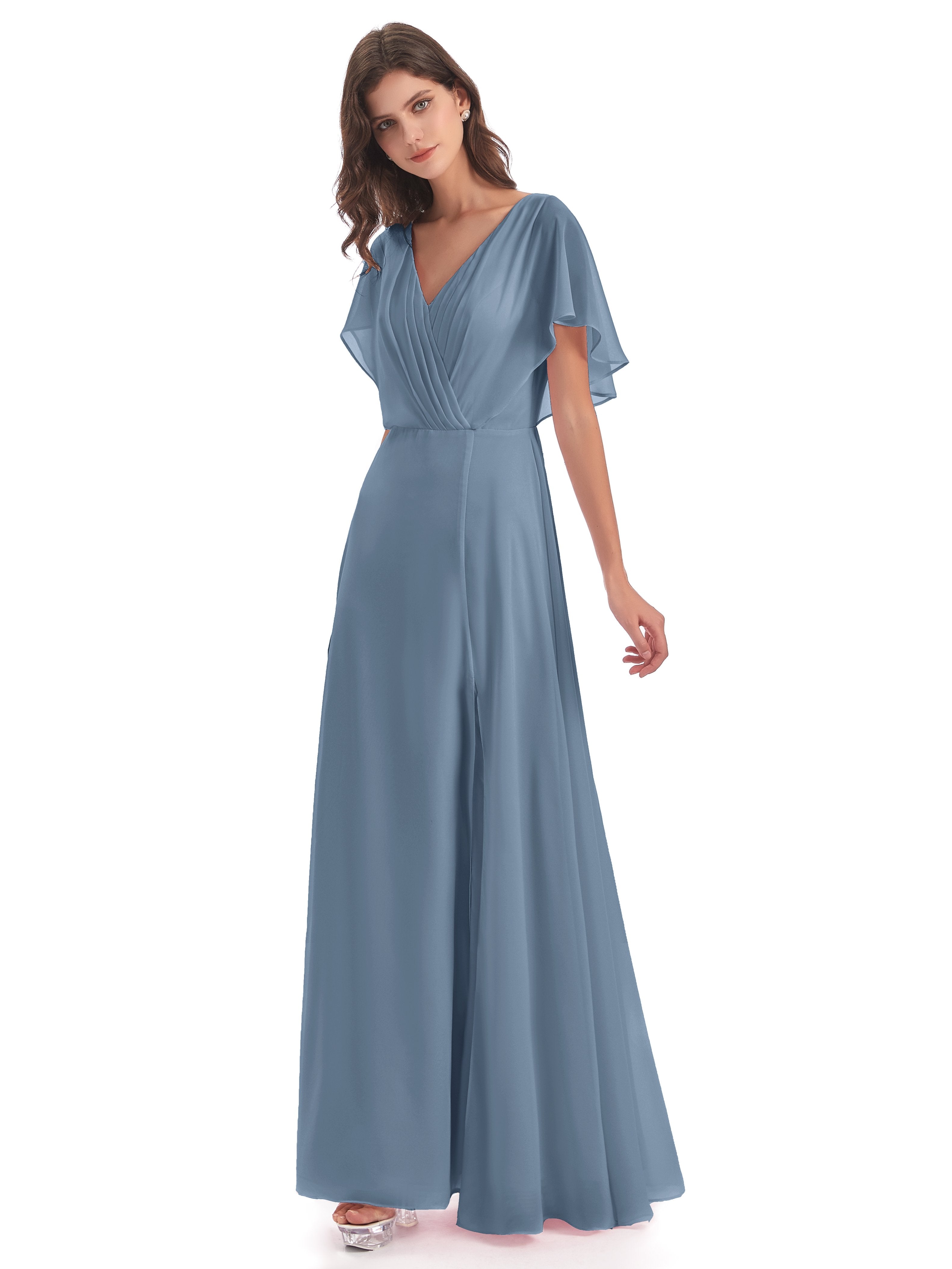 Slate Blue Bridesmaid Dresses With Sleeves Emily Modest Chiffon Split