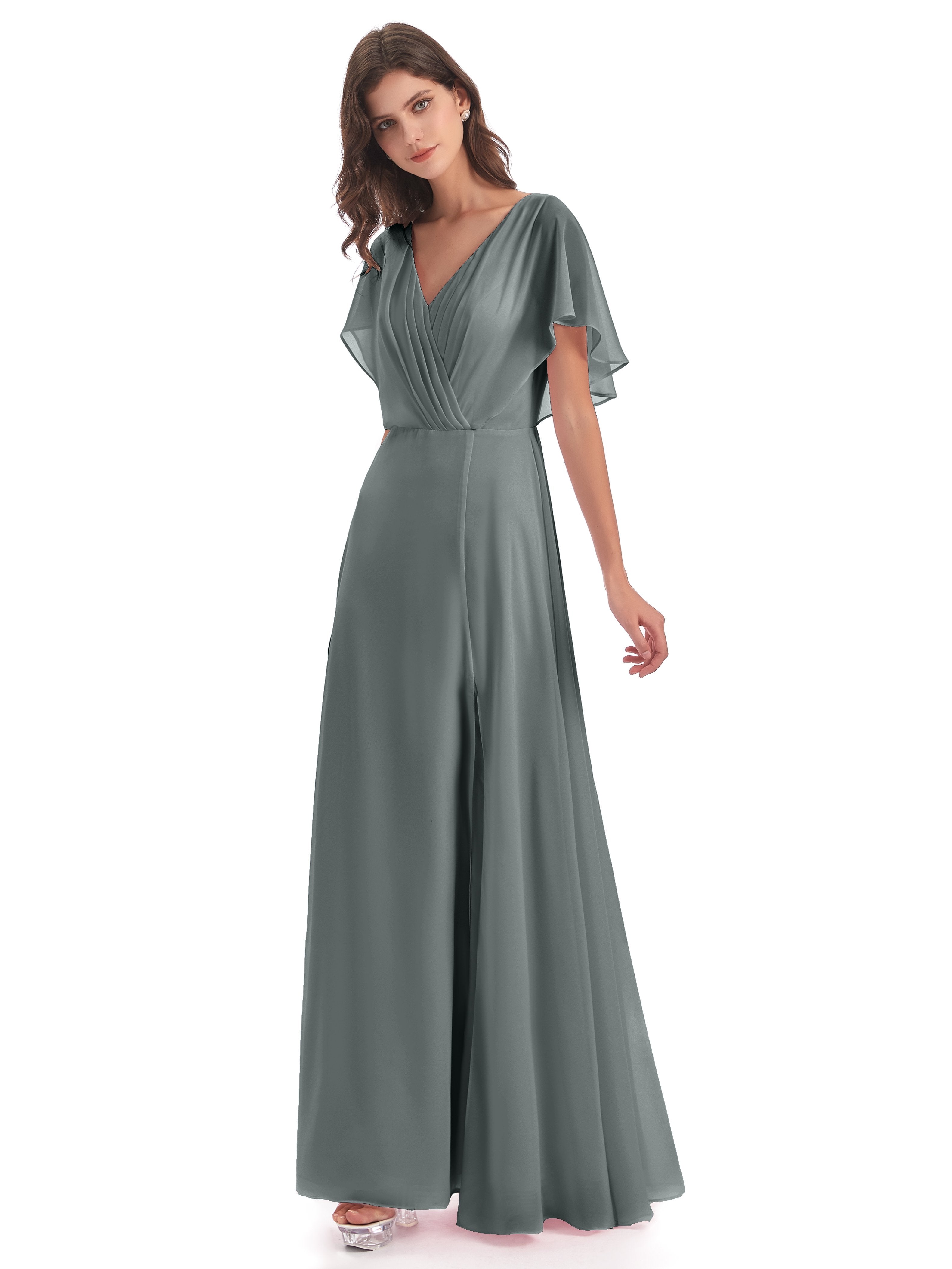 Steel Grey Bridesmaid Dresses Emily Modest Chiffon Split Long Bridesma