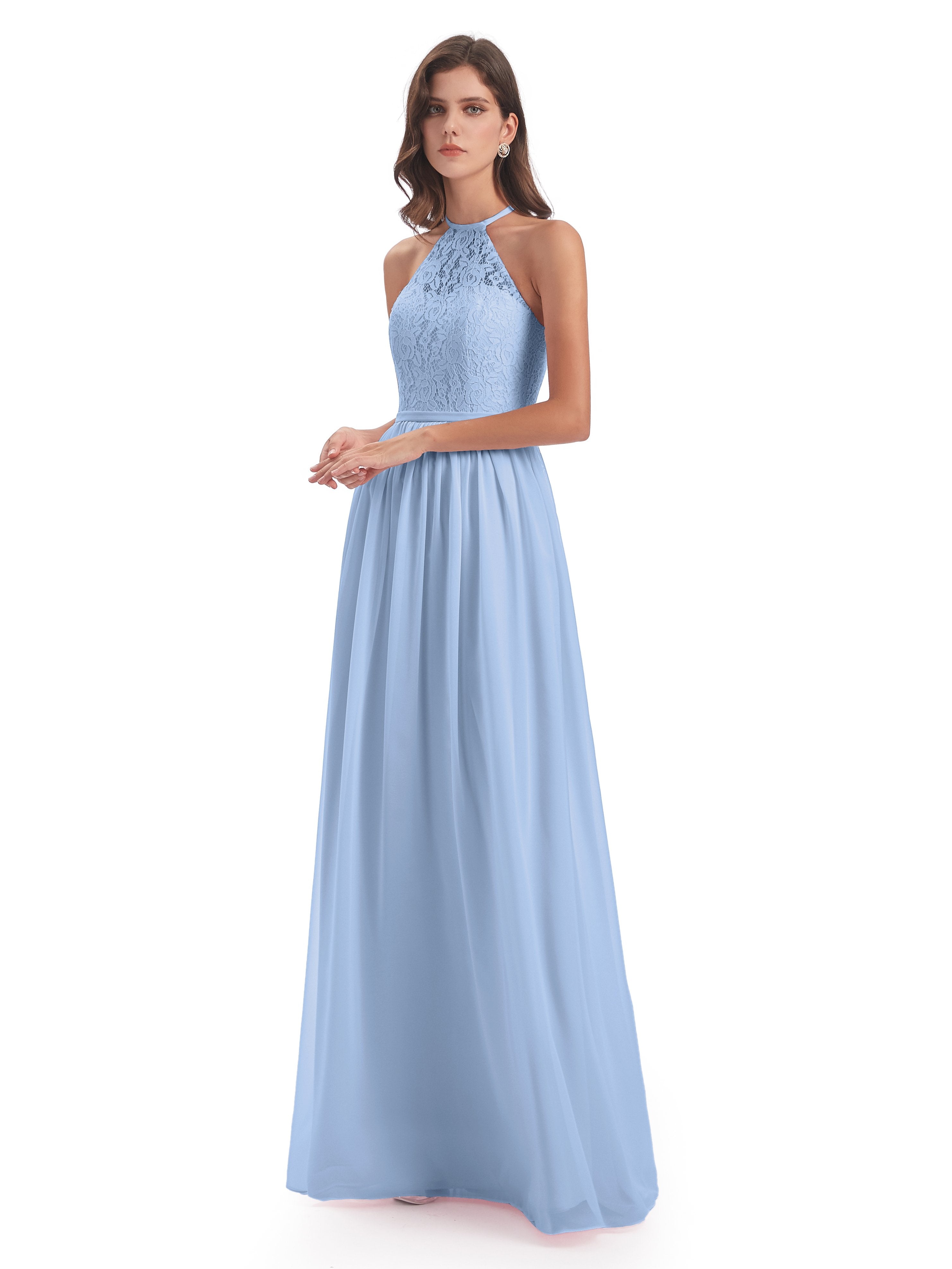 Sky Blue Bridesmaid Dress Magdalena Stunning Halter Floor Length Lace/