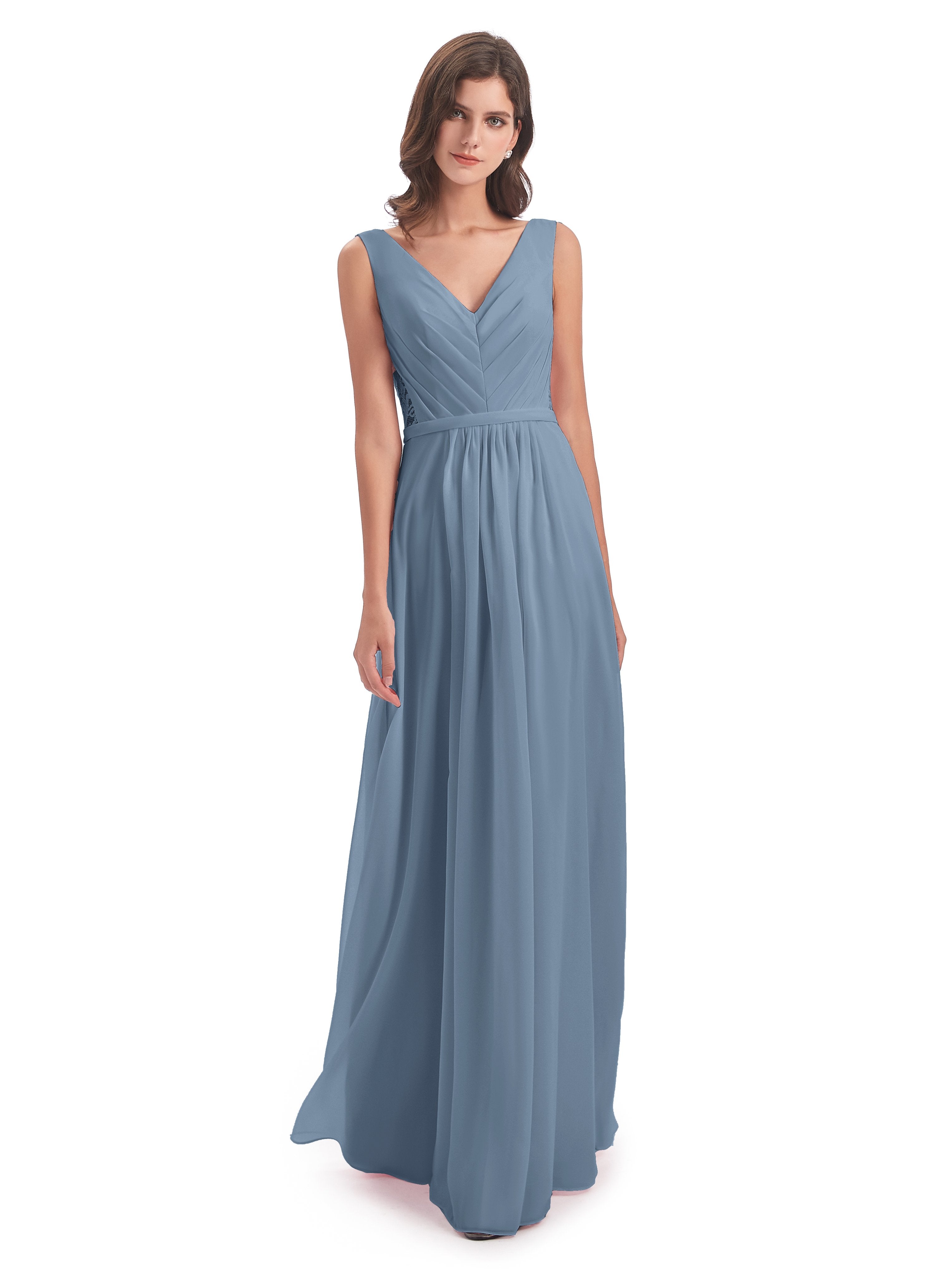 Blue Slate Bridesmaid Dresses Kailee Great Chiffon V-Neck Long Bridesm