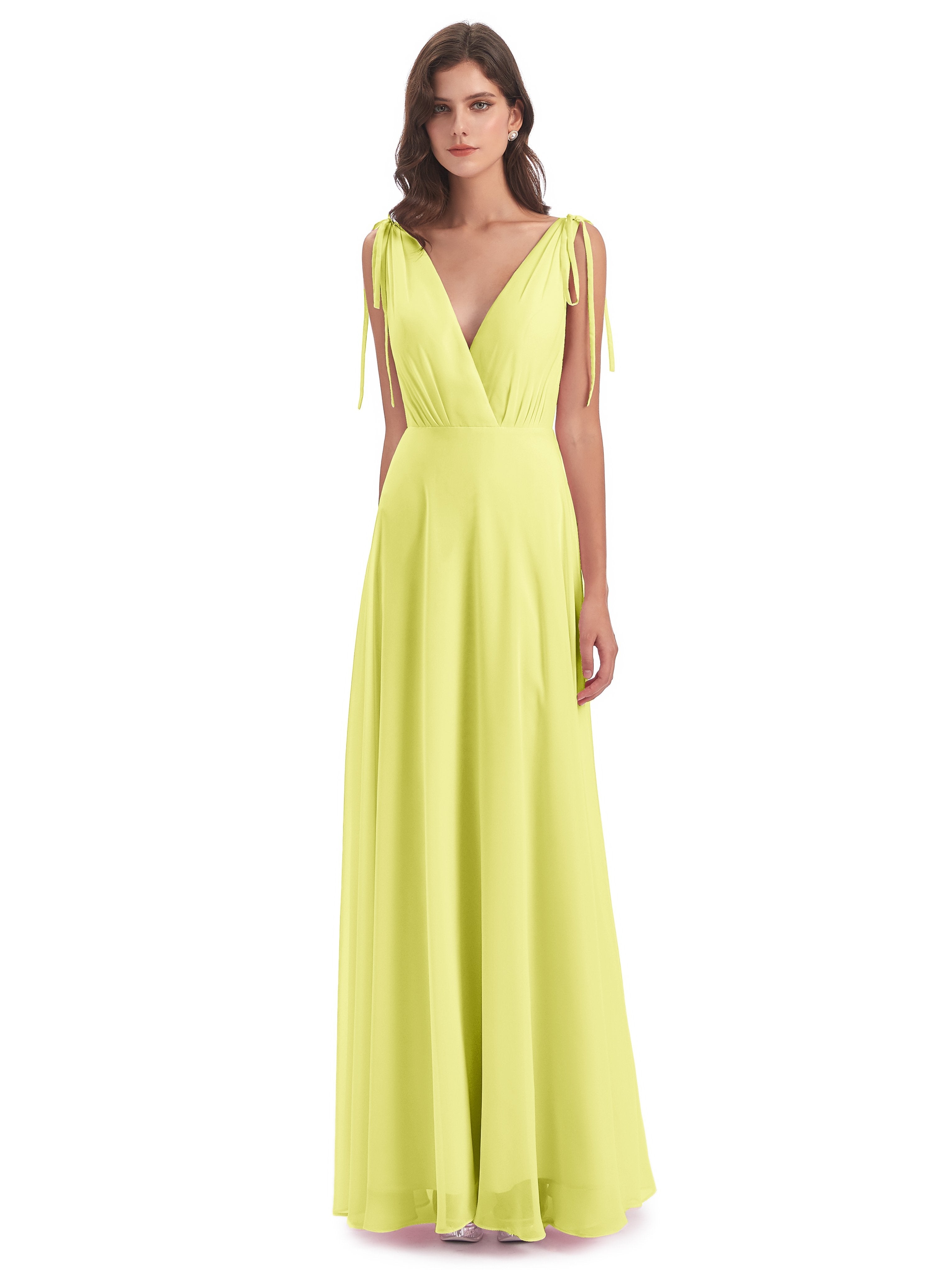 Daffodil Yellow Bridesmaid Dresses V-Neck Long Elegant Chiffon Bridesm