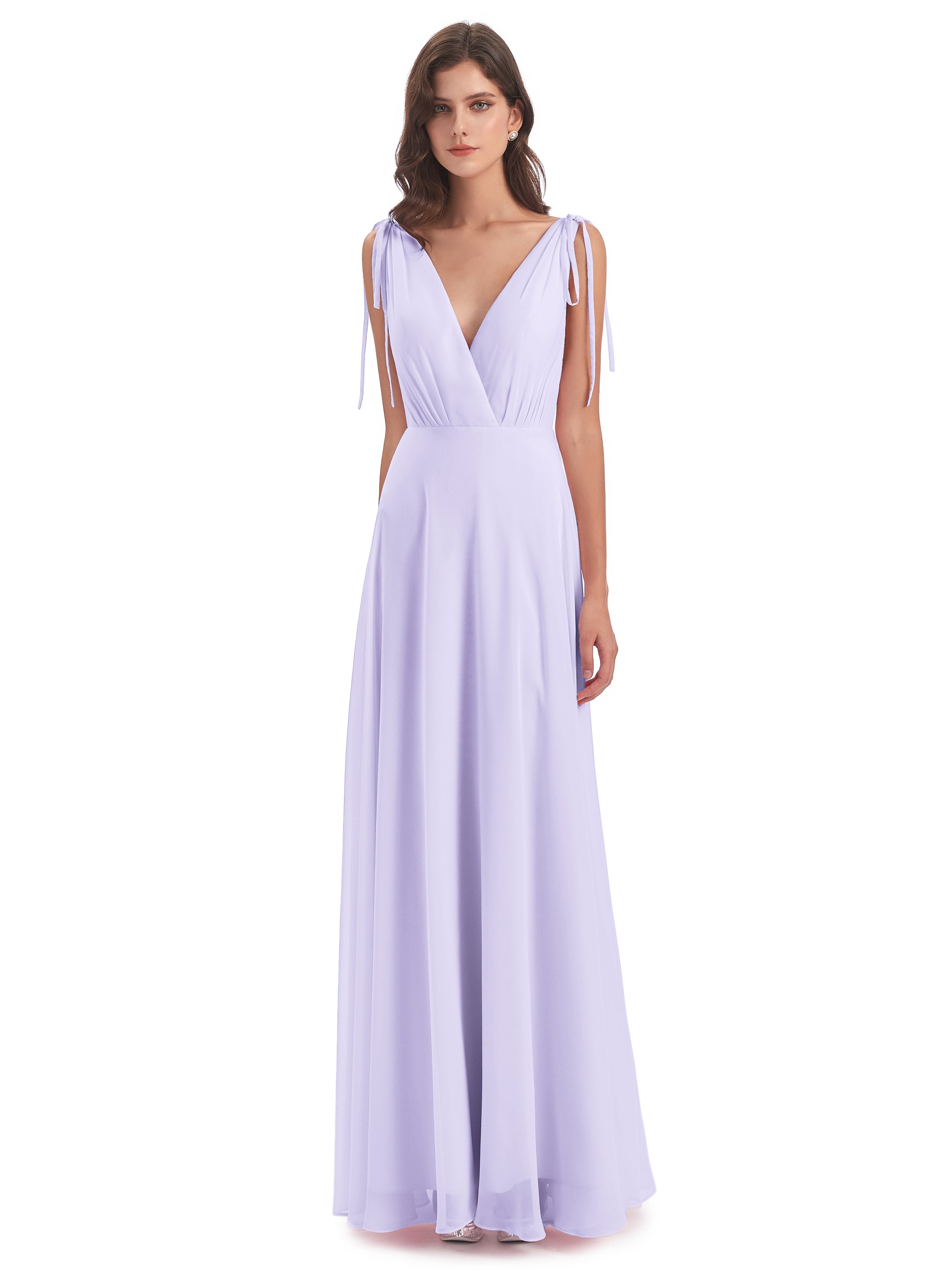Chiffon Lilac Bridesmaid Dresses V-Neck Long Elegant Chiffon Bridesmai