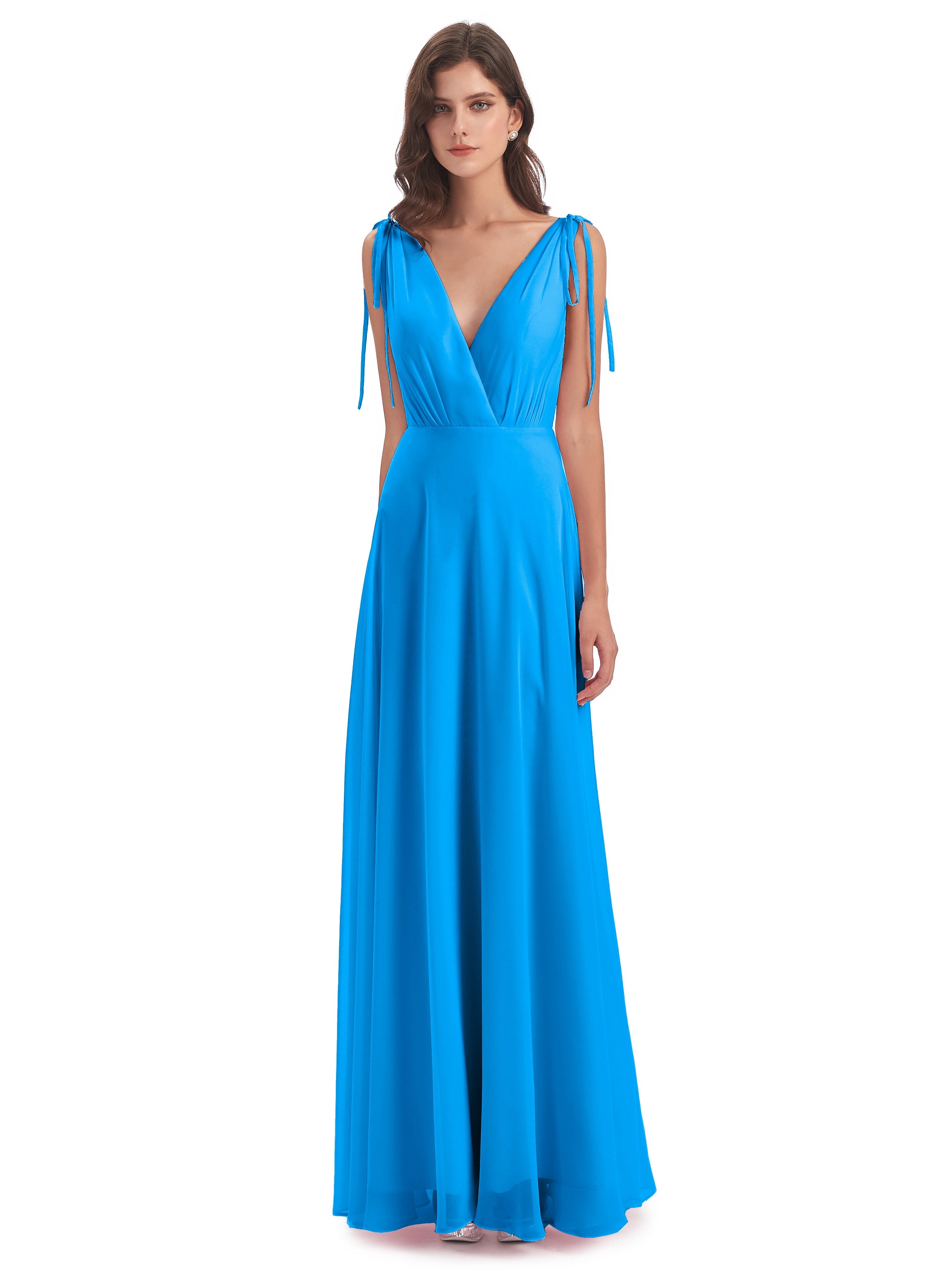 Ocean Blue Bridesmaid Dresses Uk V-Neck Long Elegant Chiffon Bridesmai