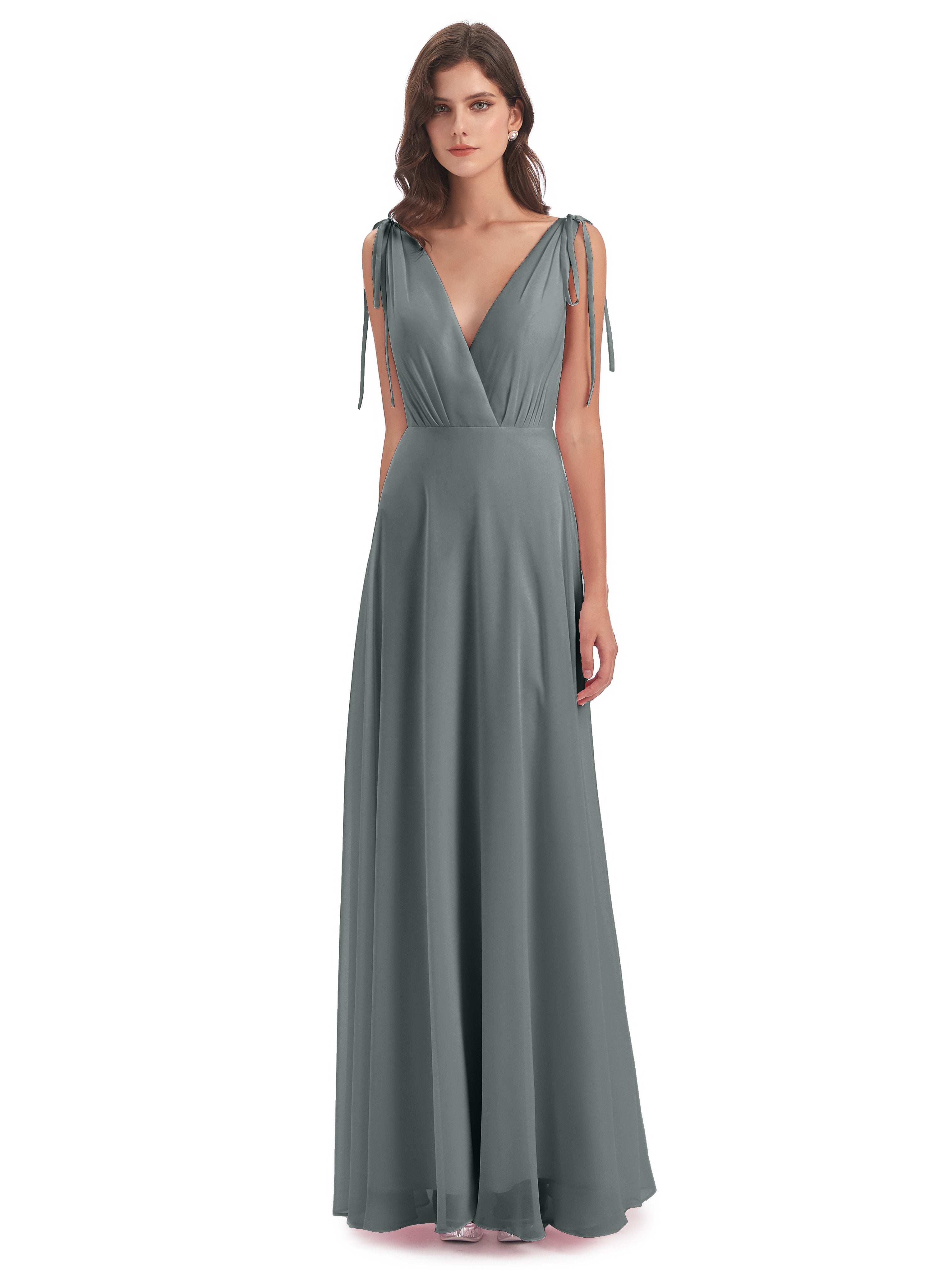 Steel Blue Grey Bridesmaid Dresses V-Neck Long Elegant Chiffon Bridesm
