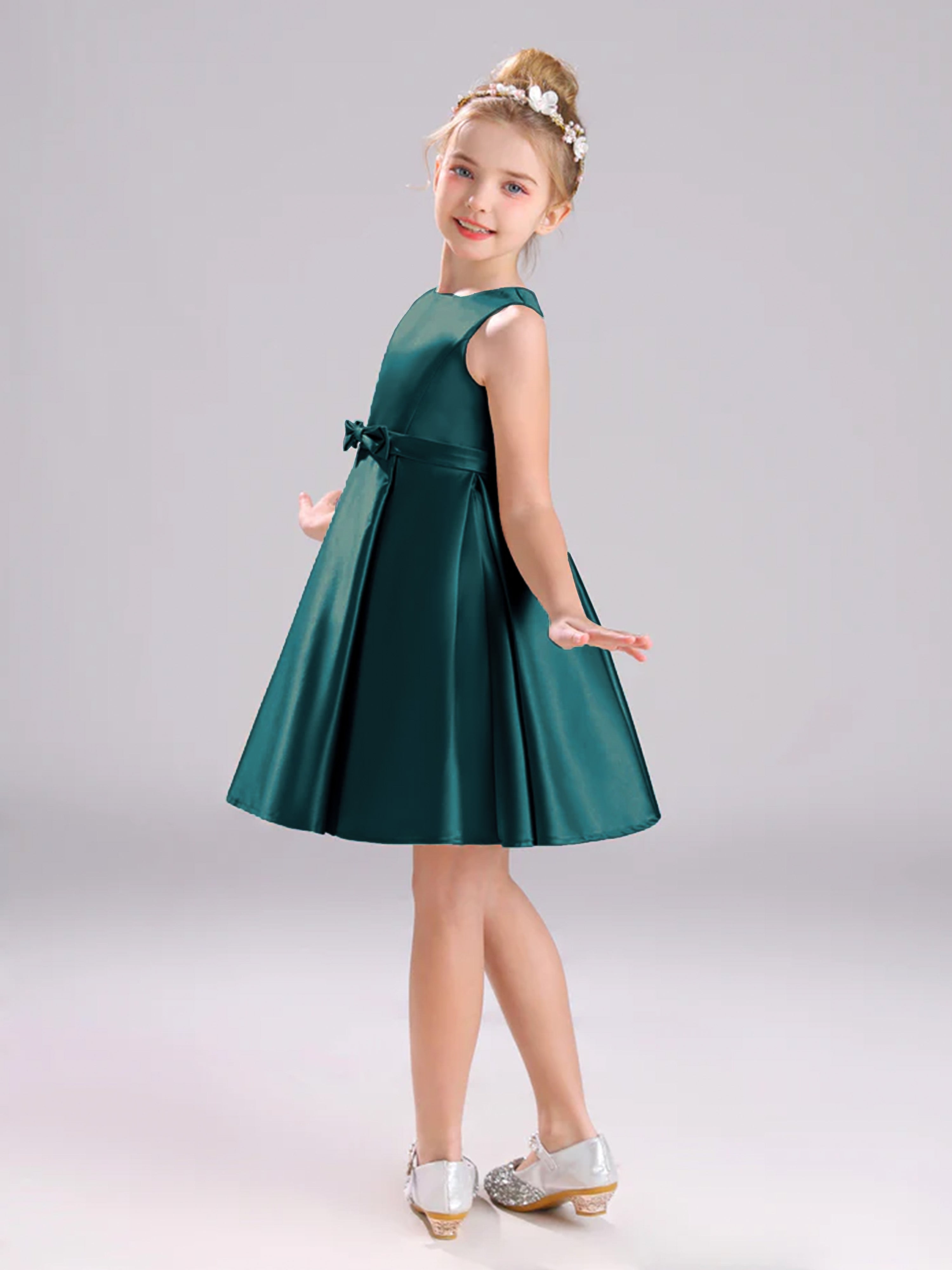 Jewel A-Line Knee Length Bowknot Satin Flower Girl Dress