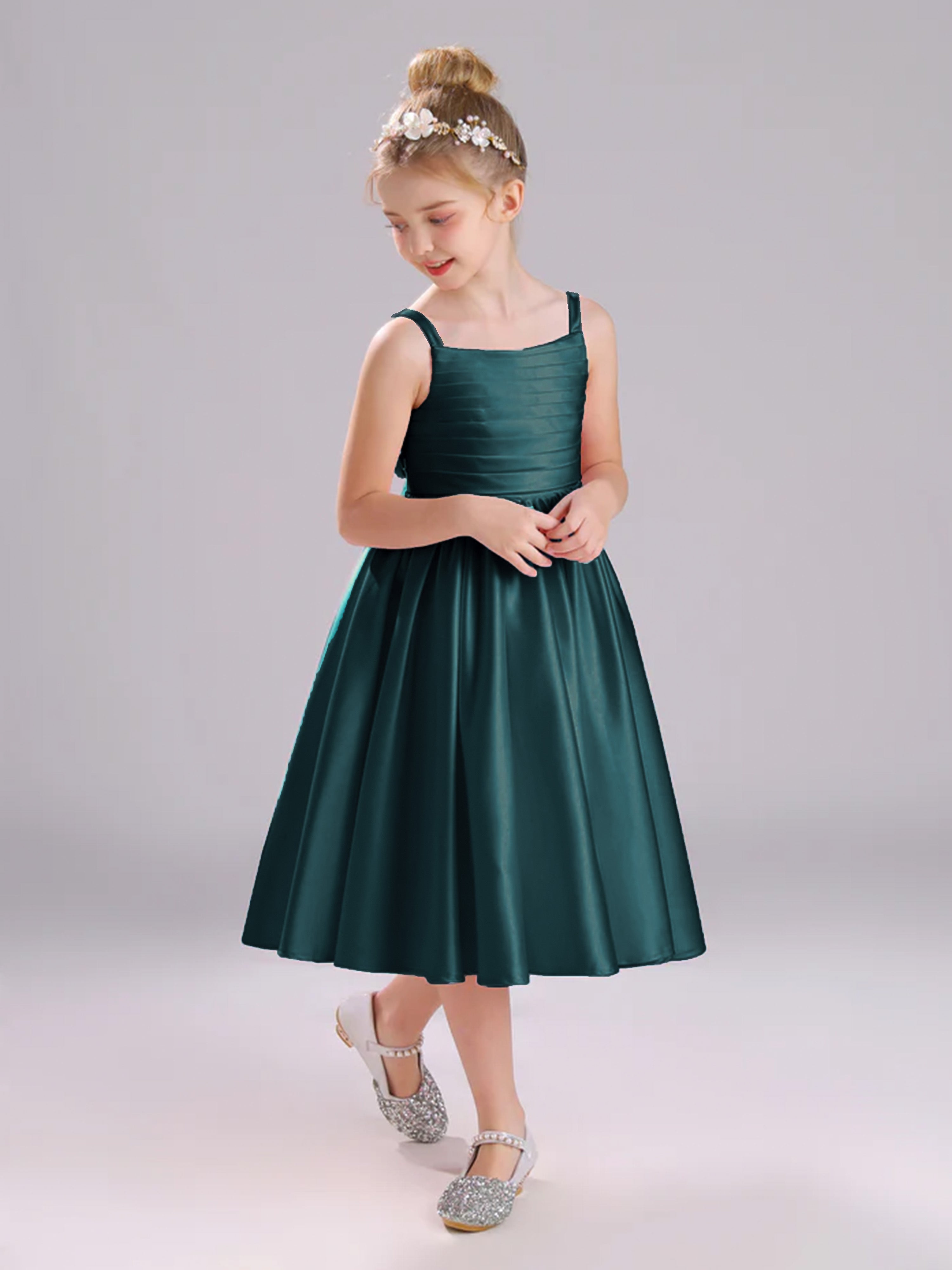 A-Line Tea Length Spaghetti Straps Bowknot Satin Flower Girl Dress