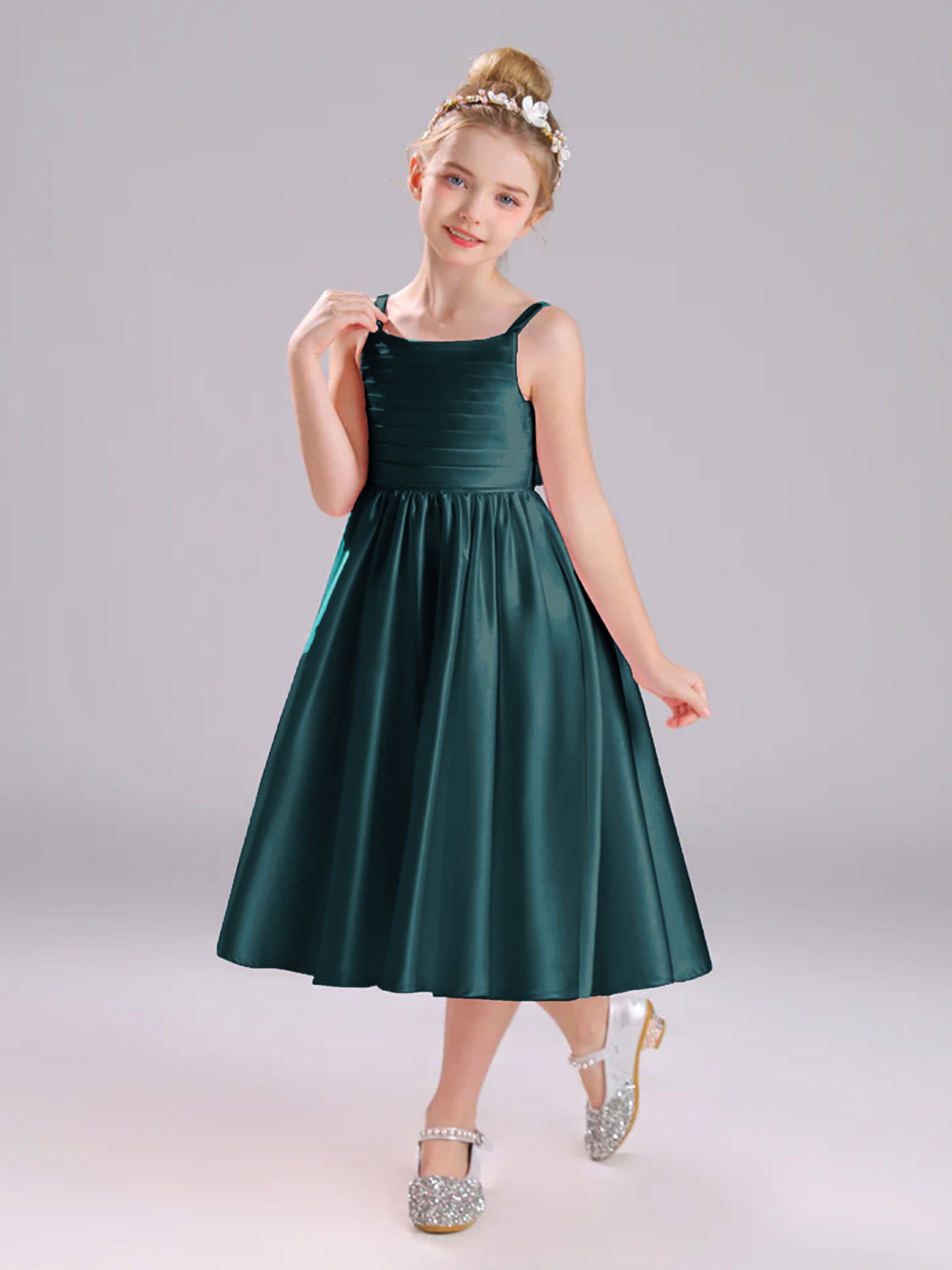 A-Line Tea Length Spaghetti Straps Bowknot Satin Flower Girl Dress