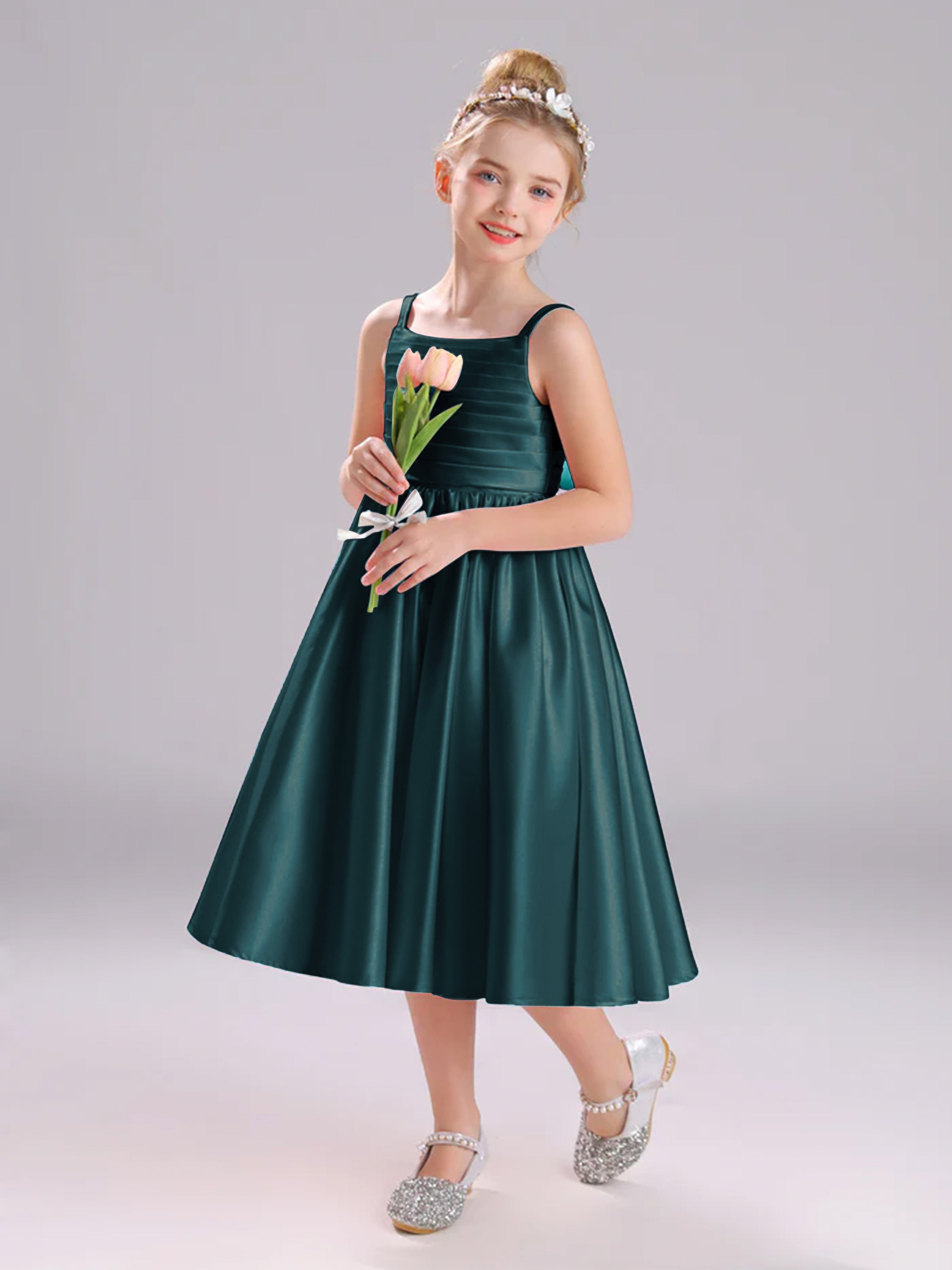 A-Line Tea Length Spaghetti Straps Bowknot Satin Flower Girl Dress