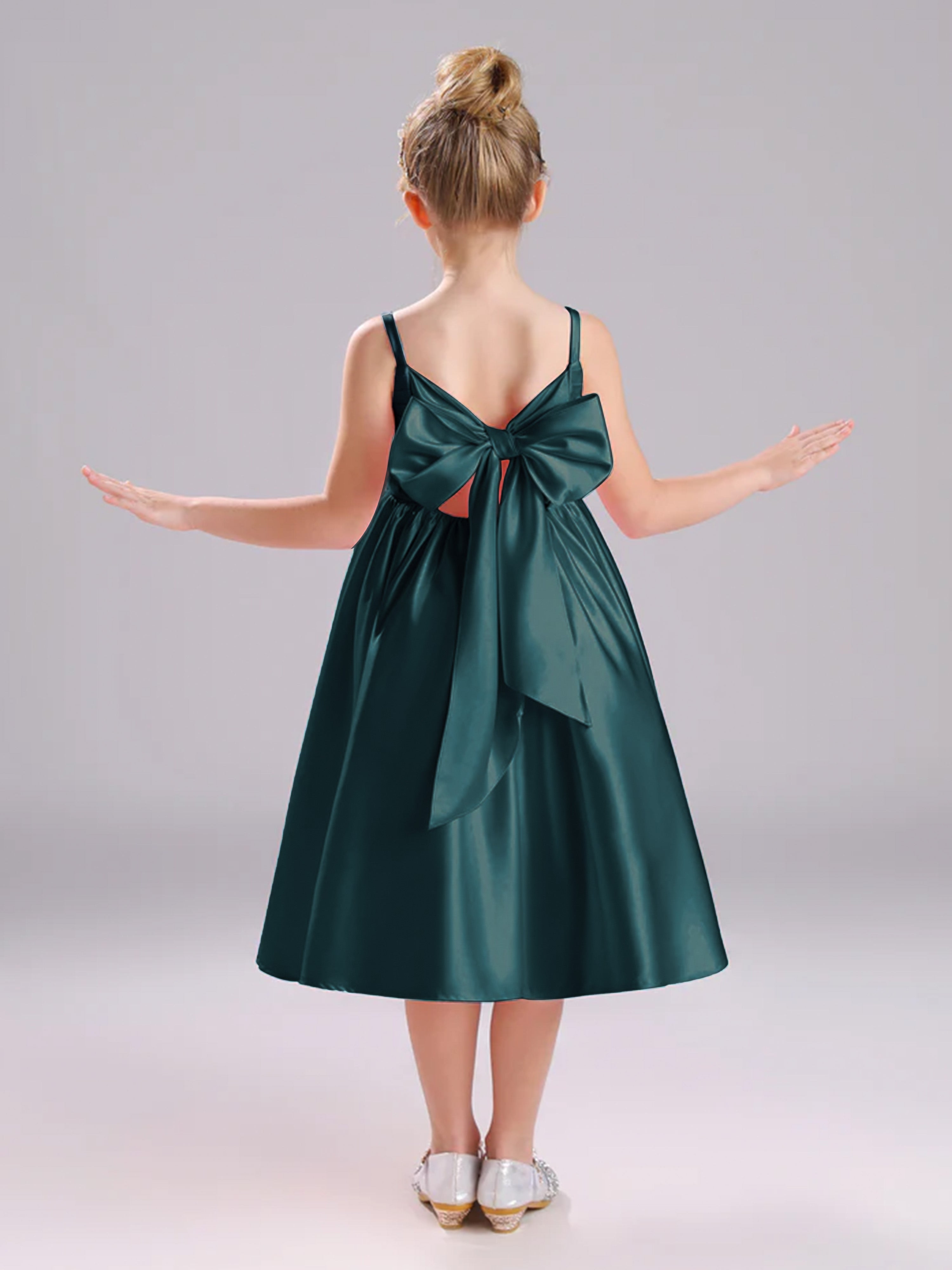 A-Line Tea Length Spaghetti Straps Bowknot Satin Flower Girl Dress