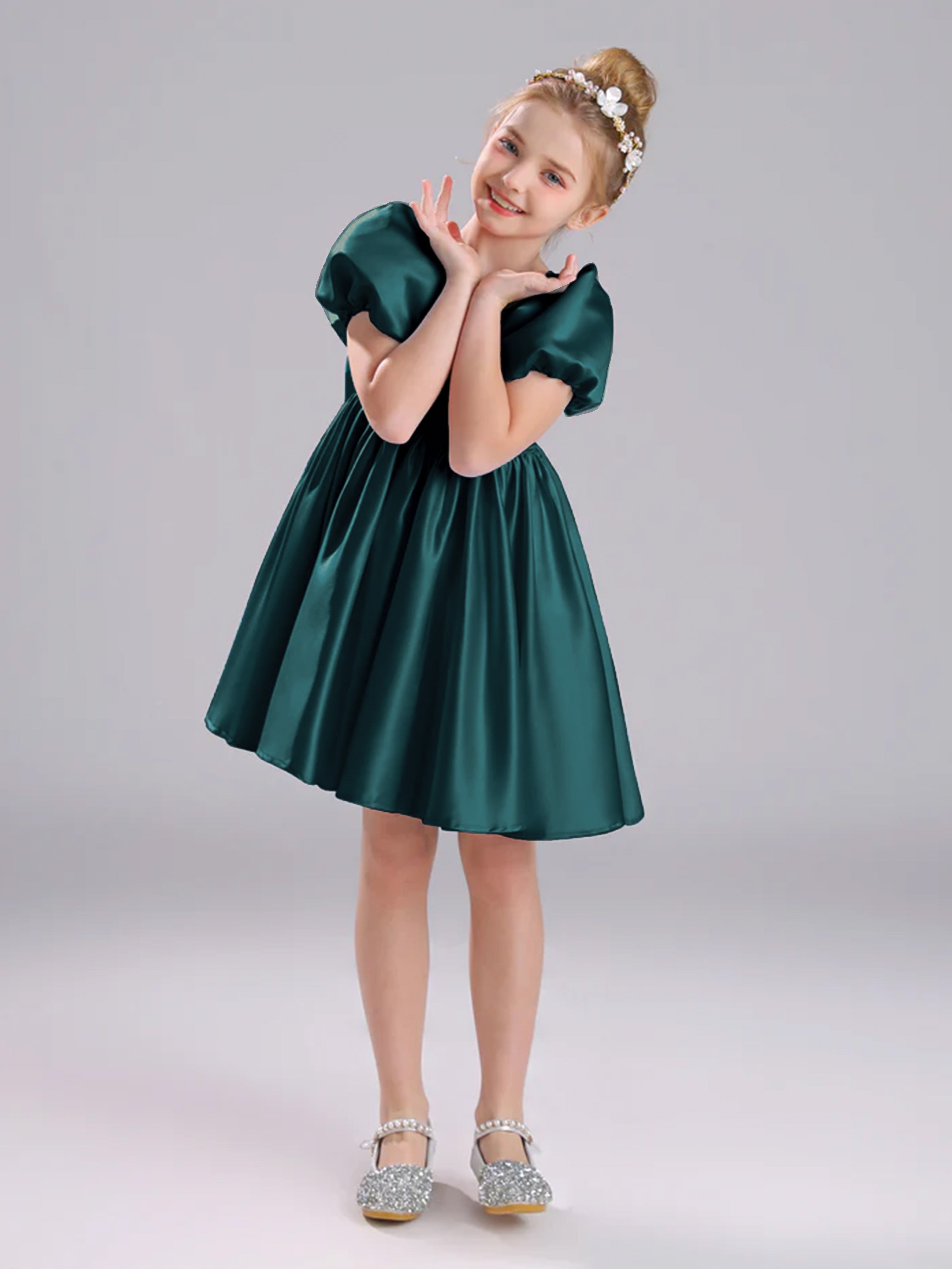 Short Sleeves Open Back Satin Flower Girl Dress