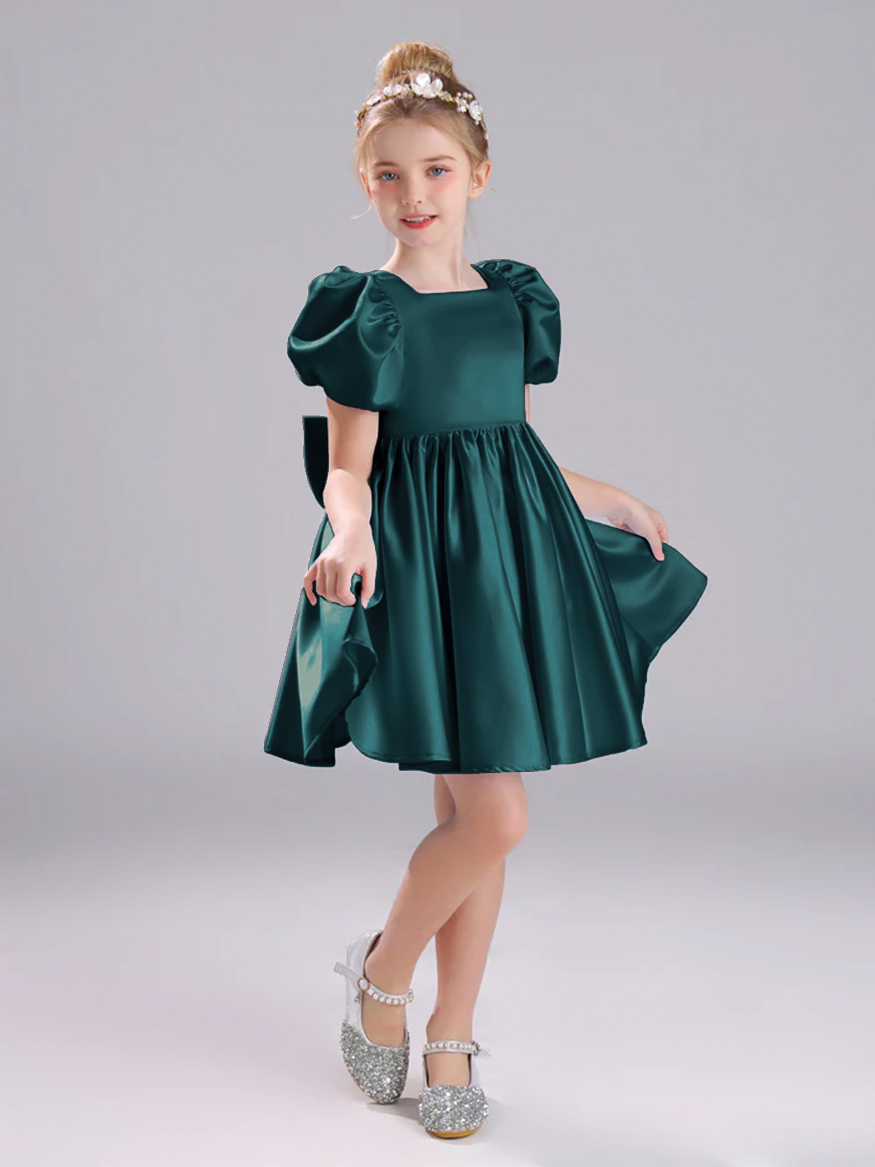 Short Sleeves Open Back Satin Flower Girl Dress