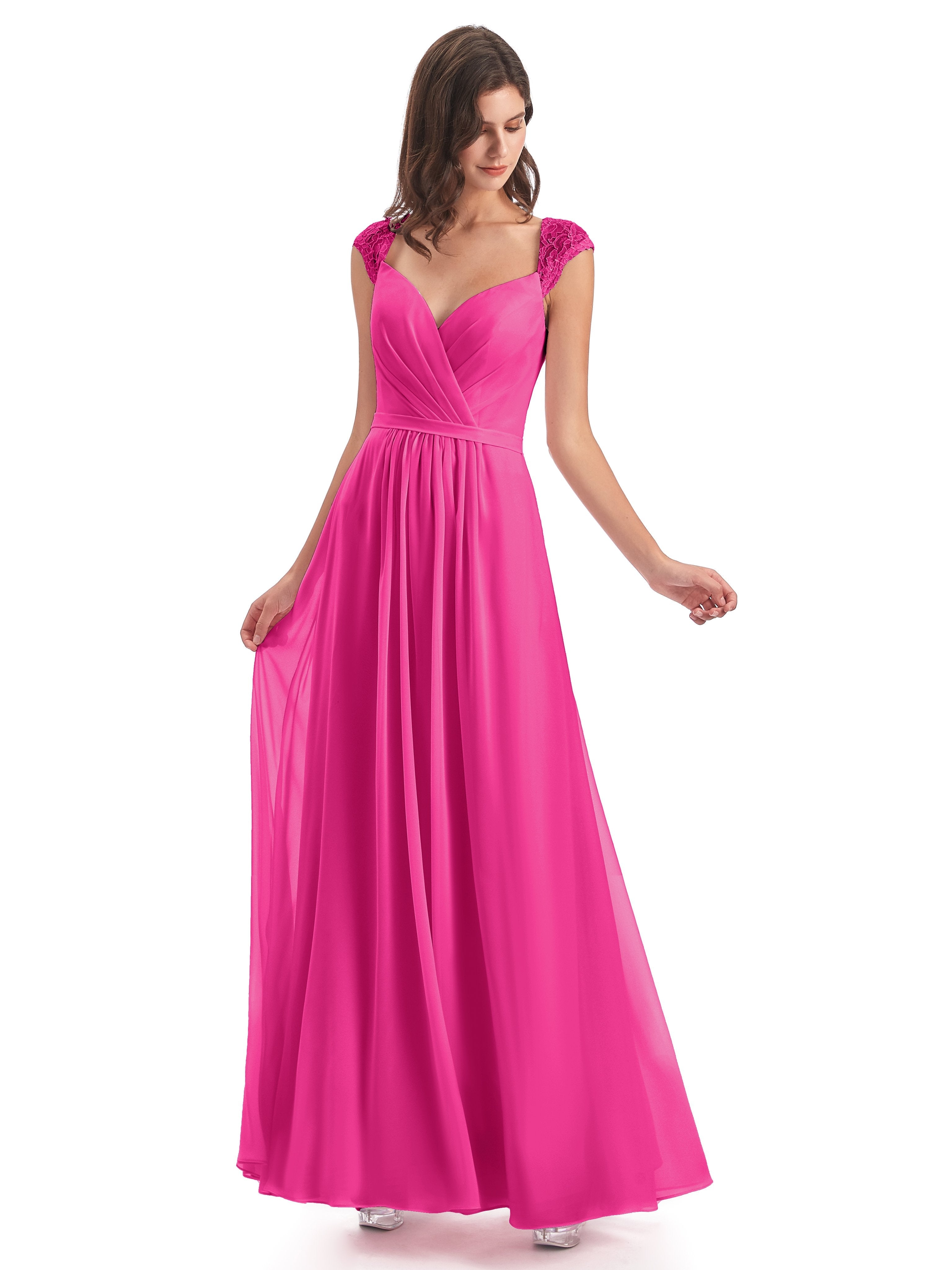 Fuchsia Pink Bridesmaid Dress Elegant Chiffon/Lace Cap Sleeves Long Br