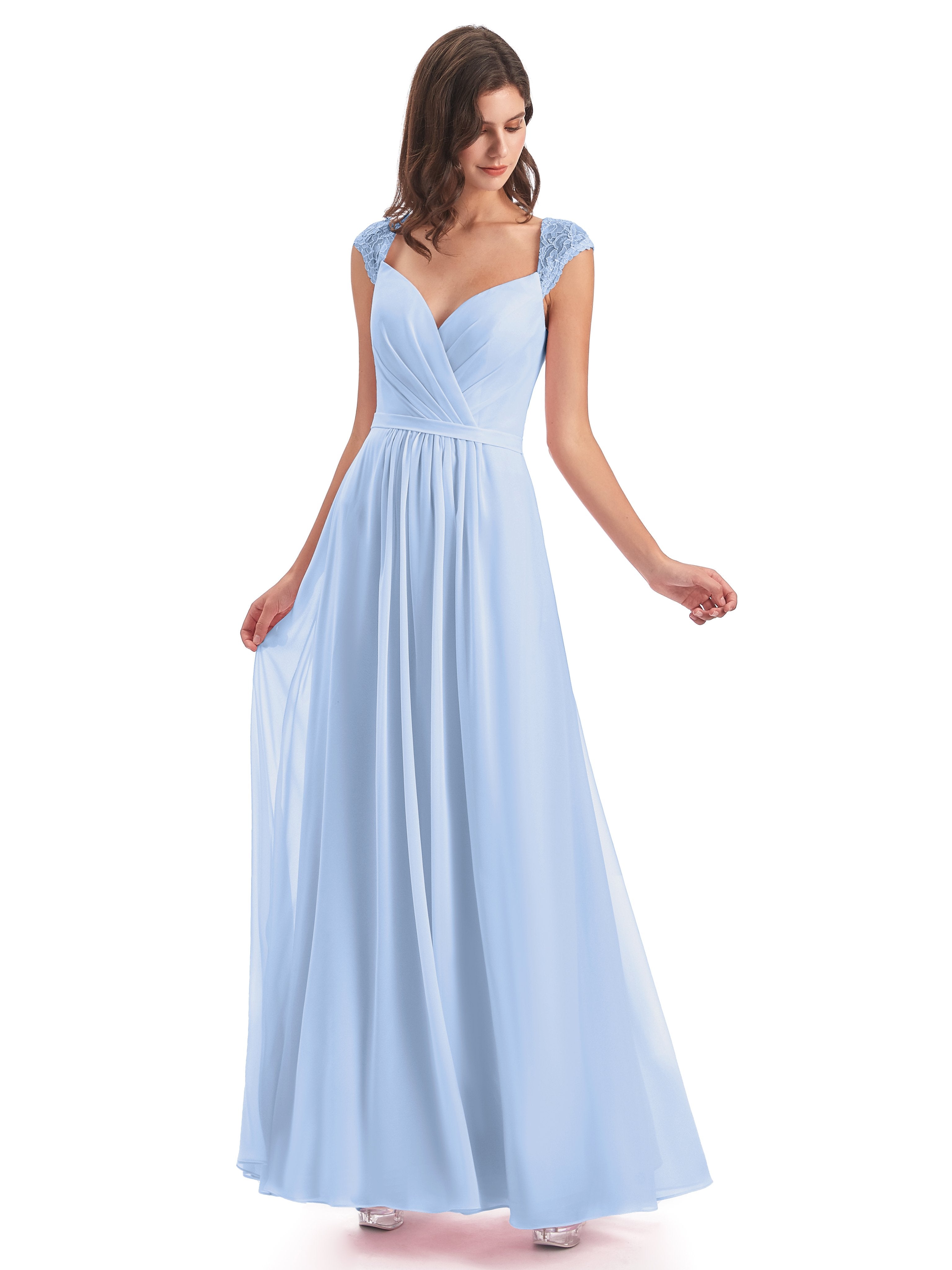 Bridesmaid Dresses Sky Blue Elegant Chiffon/Lace Cap Sleeves Long Brid — free download