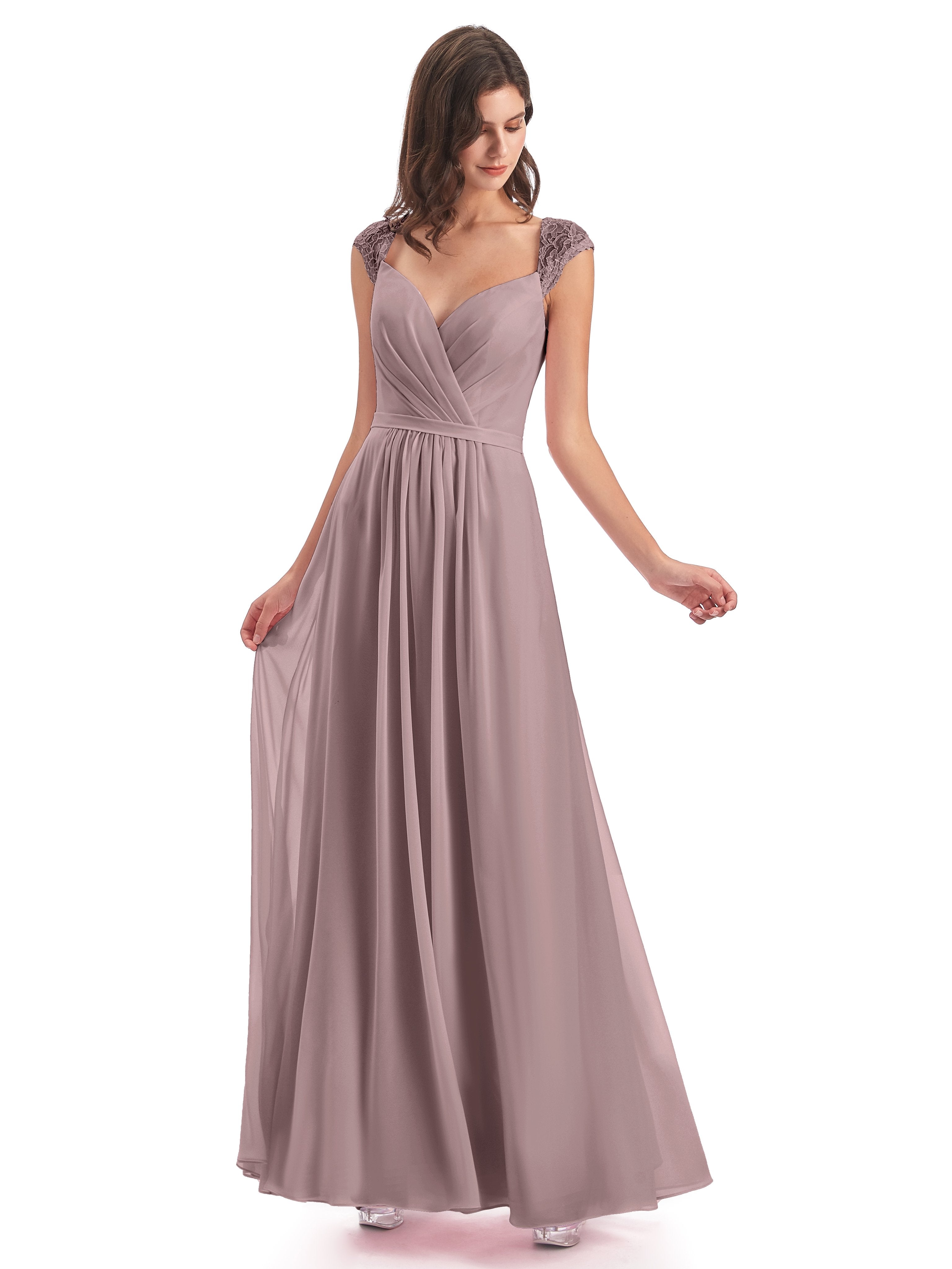 Vintage Mauve Bridesmaid Dresses Uk Elegant Chiffon/Lace Cap Sleeves L