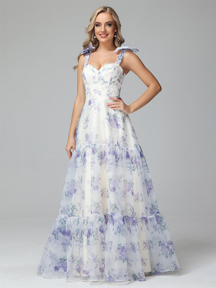 Cicinia A line Lace up Floral Long Prom Dresses