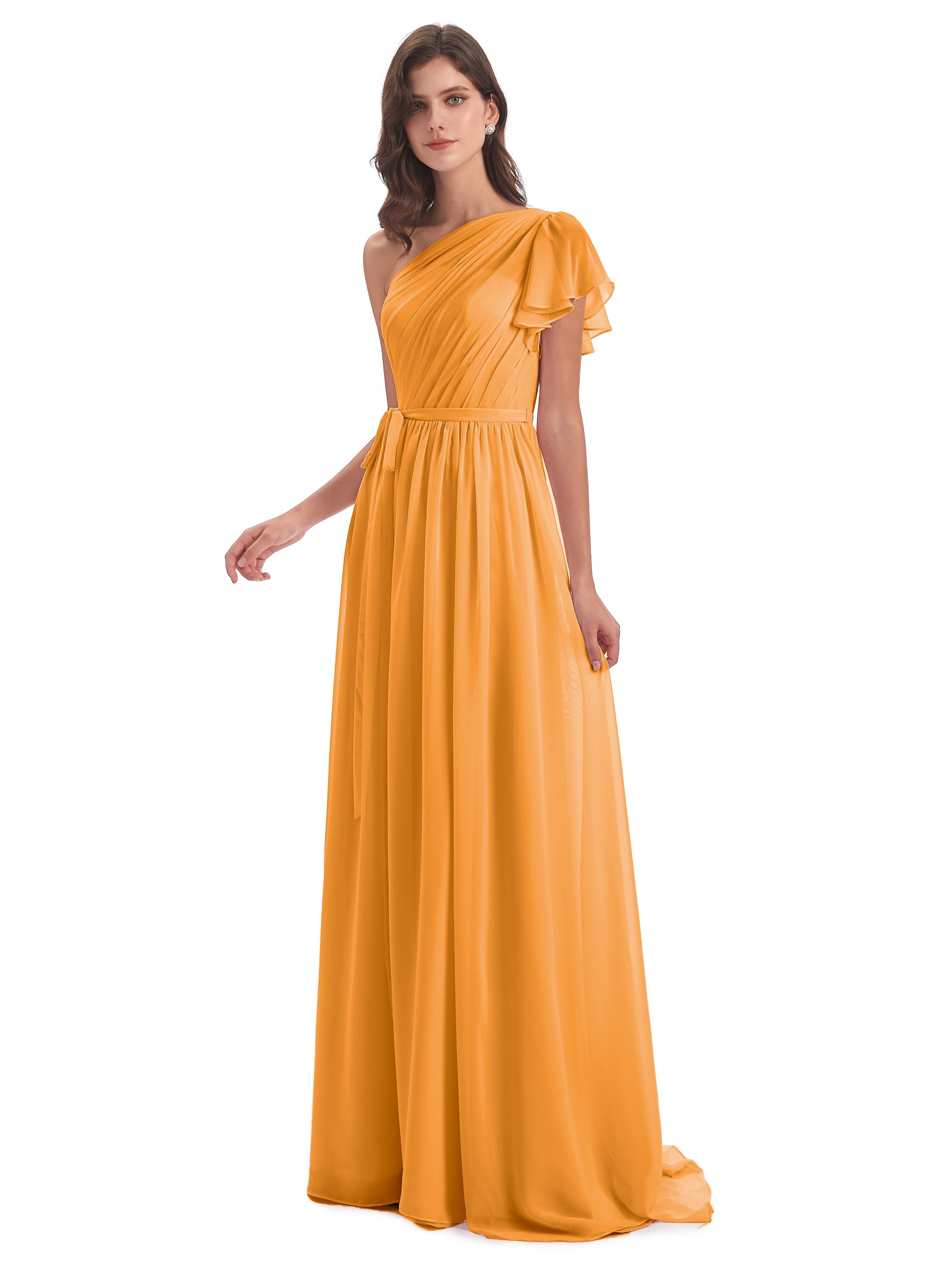 Tangerine Bridesmaid Dress Gemma Vintage Sweep-Brush Train Long Chiffo