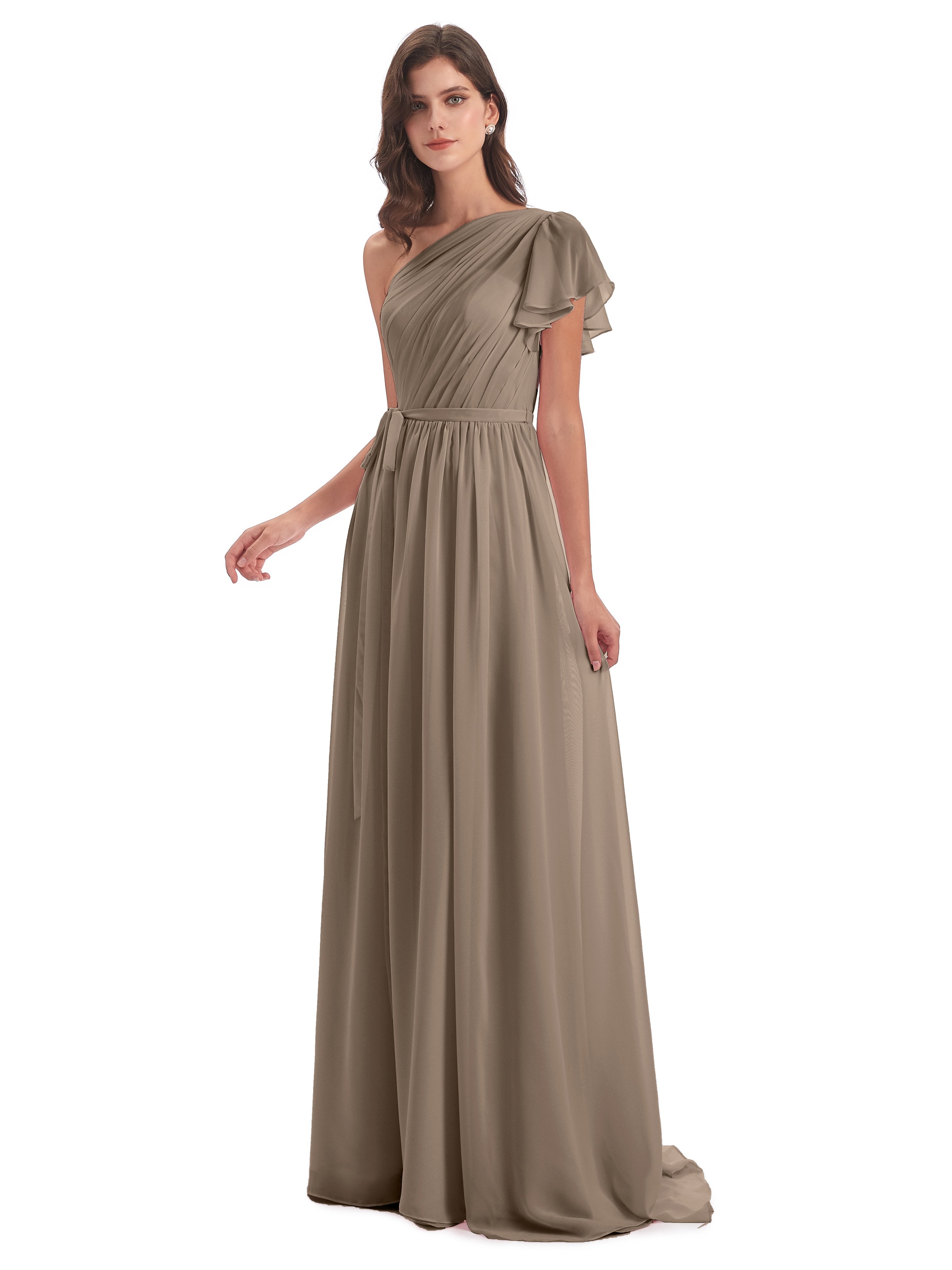 Taupe Bridesmaids Gemma Vintage Sweep-Brush Train Long Chiffon Bridesm
