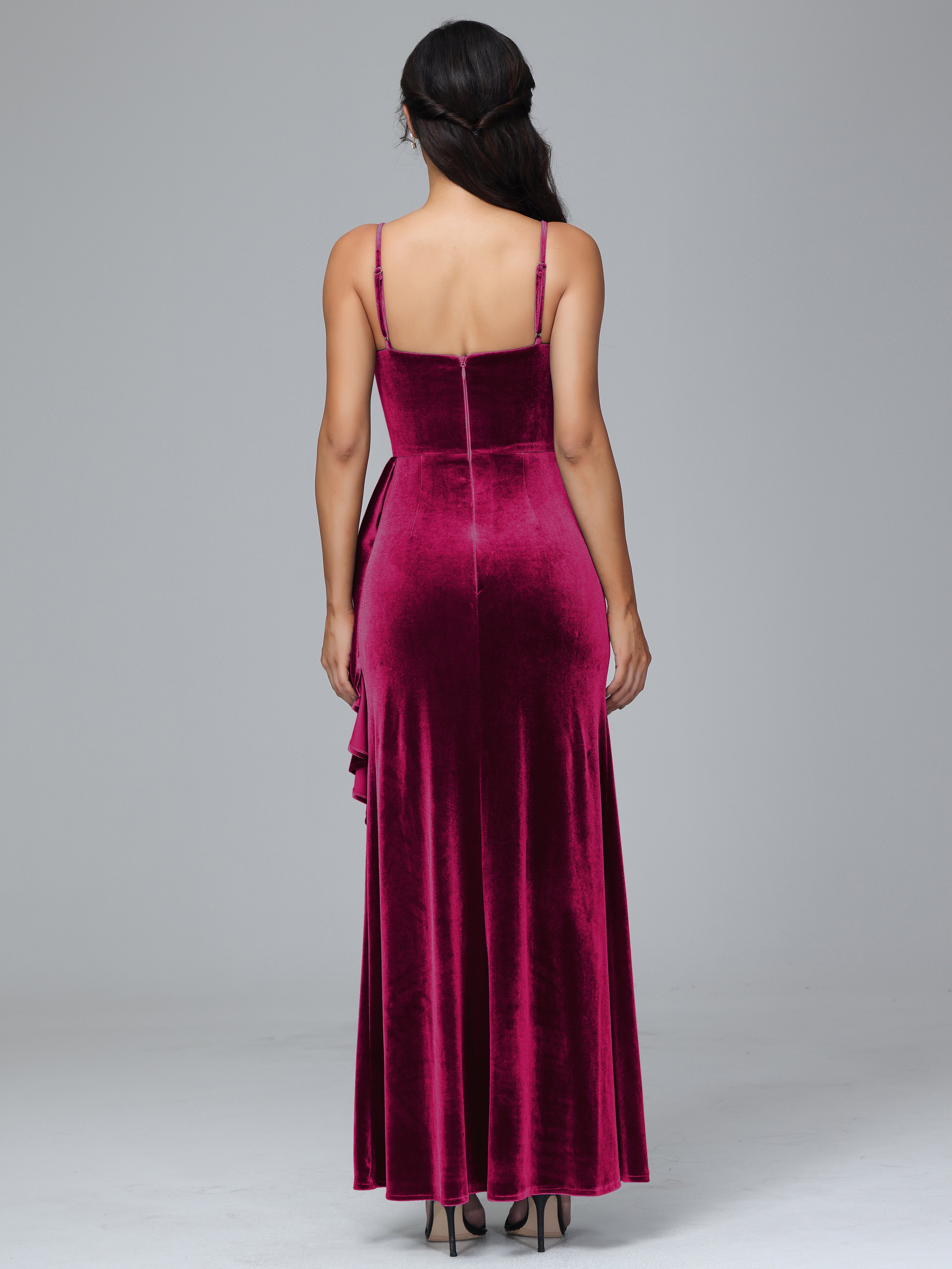 Spaghetti Straps V-Neck Ruched Velvet Bridesmaid Dresses With Split