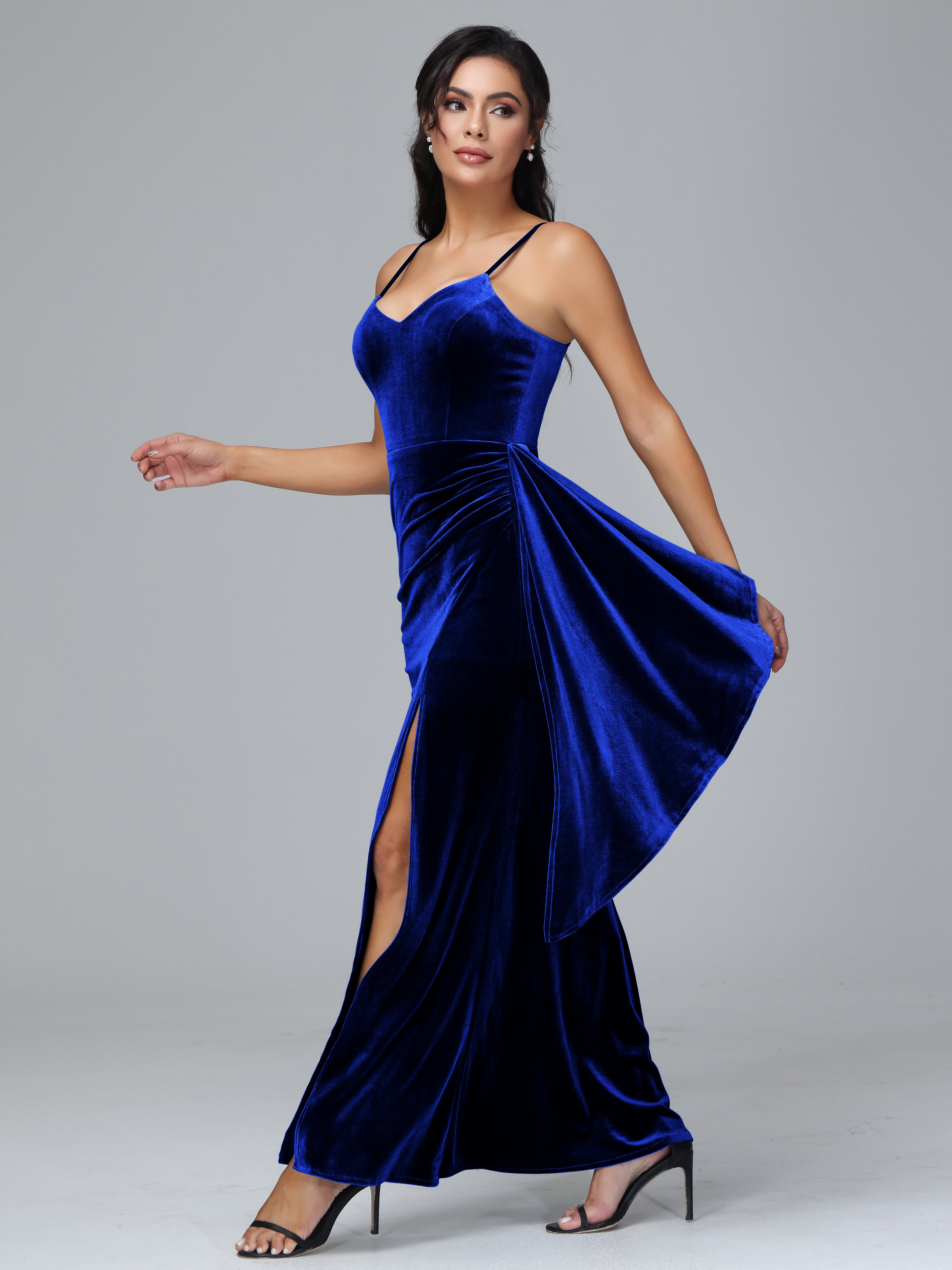 Spaghetti Straps V-Neck Ruched Velvet Bridesmaid Dresses With Split