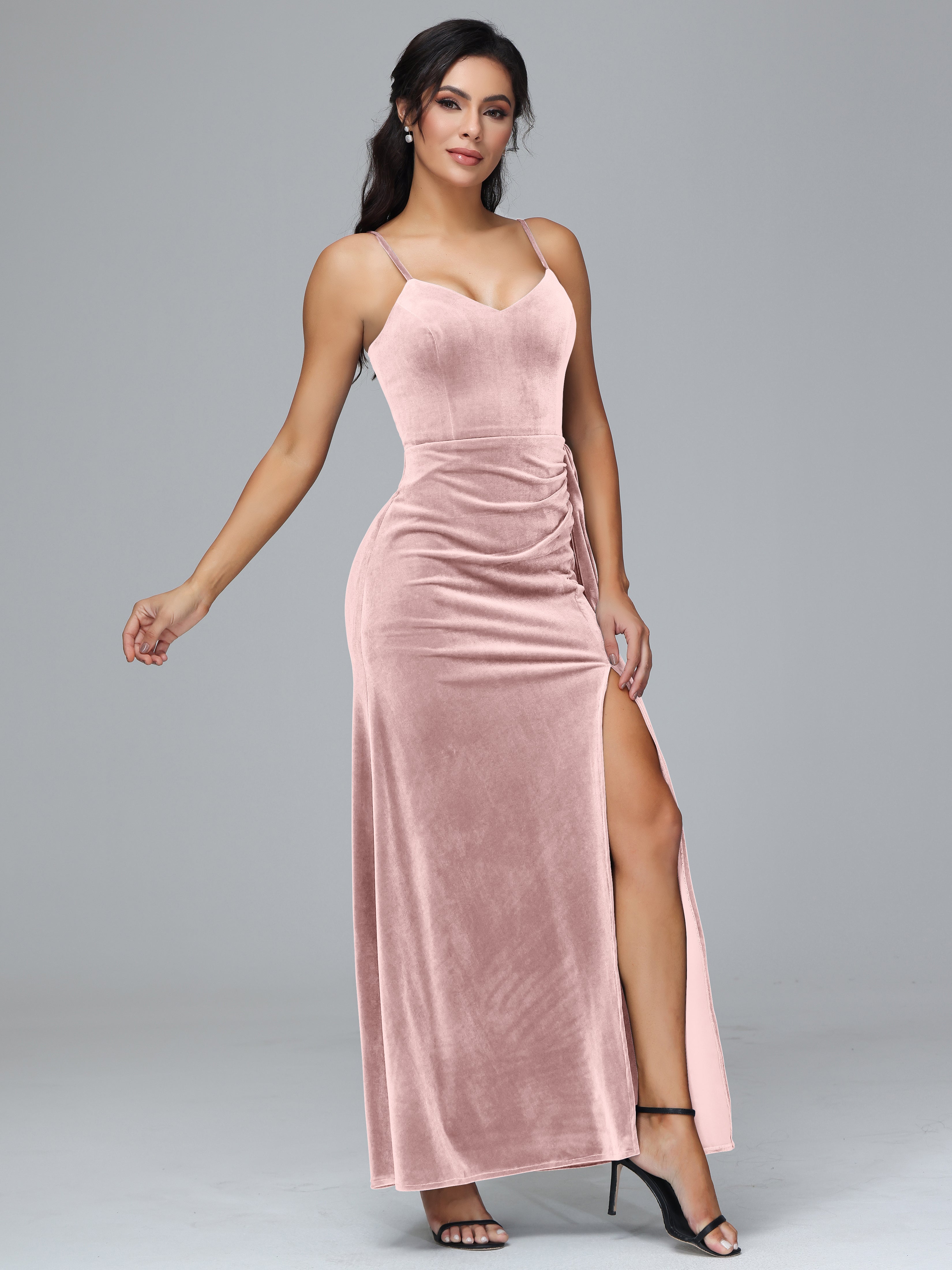 Spaghetti Straps V-Neck Ruched Plus Size Bridesmaid Dresses With Split