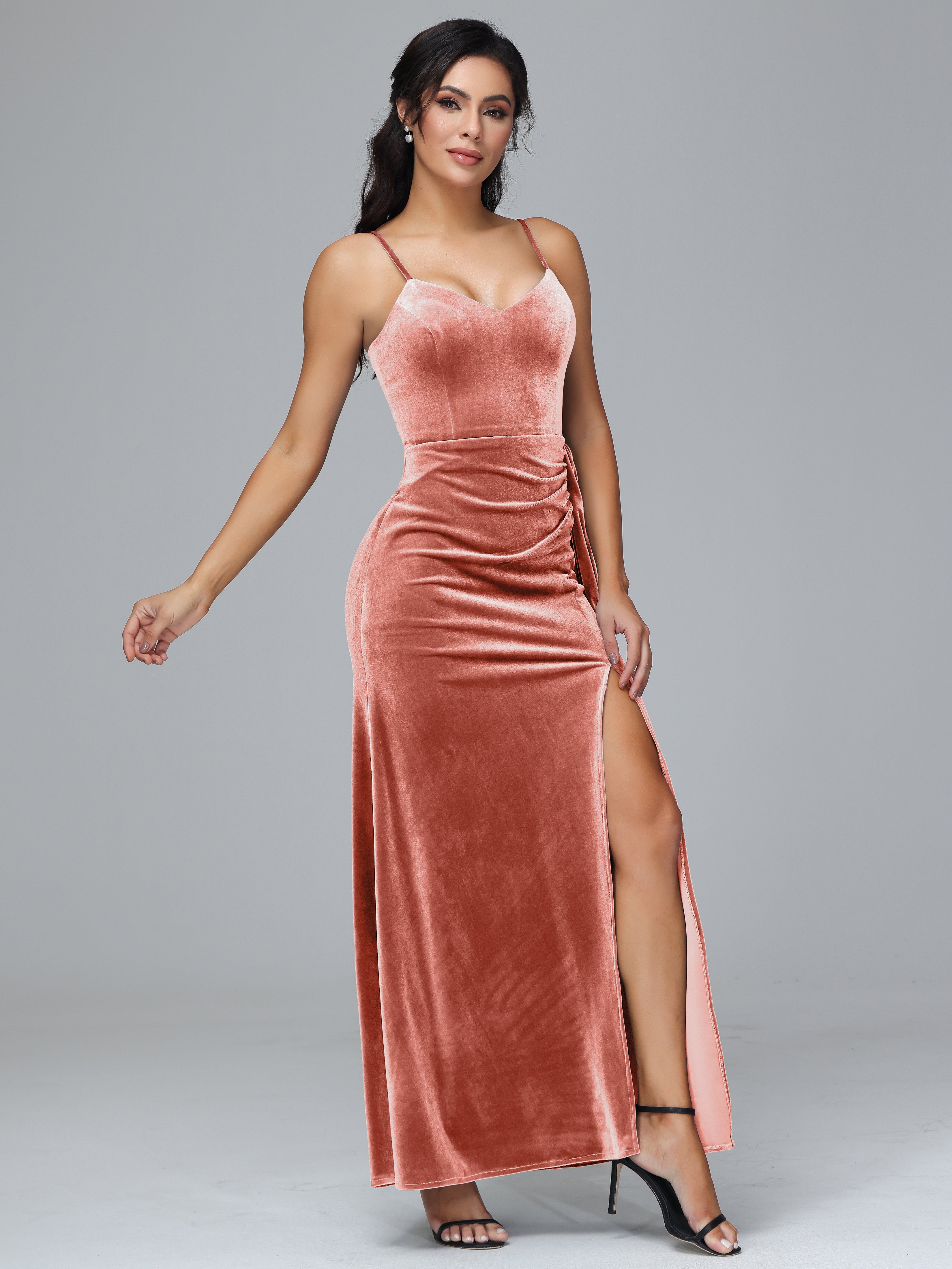 Spaghetti Straps V-Neck Ruched Plus Size Bridesmaid Dresses With Split