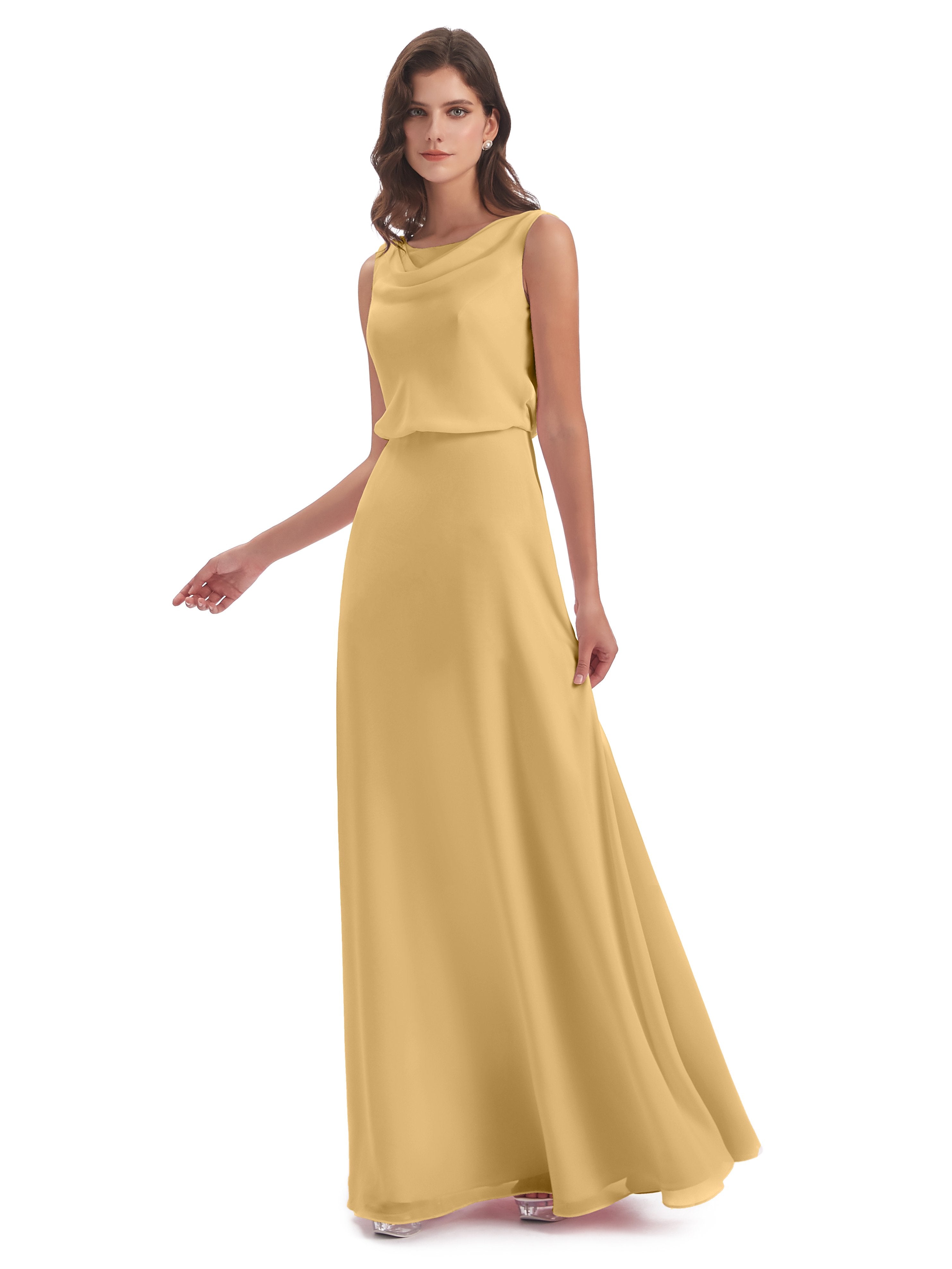 Gold Bridesmaid Dress Gracie Cowl Floor Length Long Affordable Chiffon Gold Bridesmaid Dress Gracie Cowl Floor Length Long Affordable Chiffon