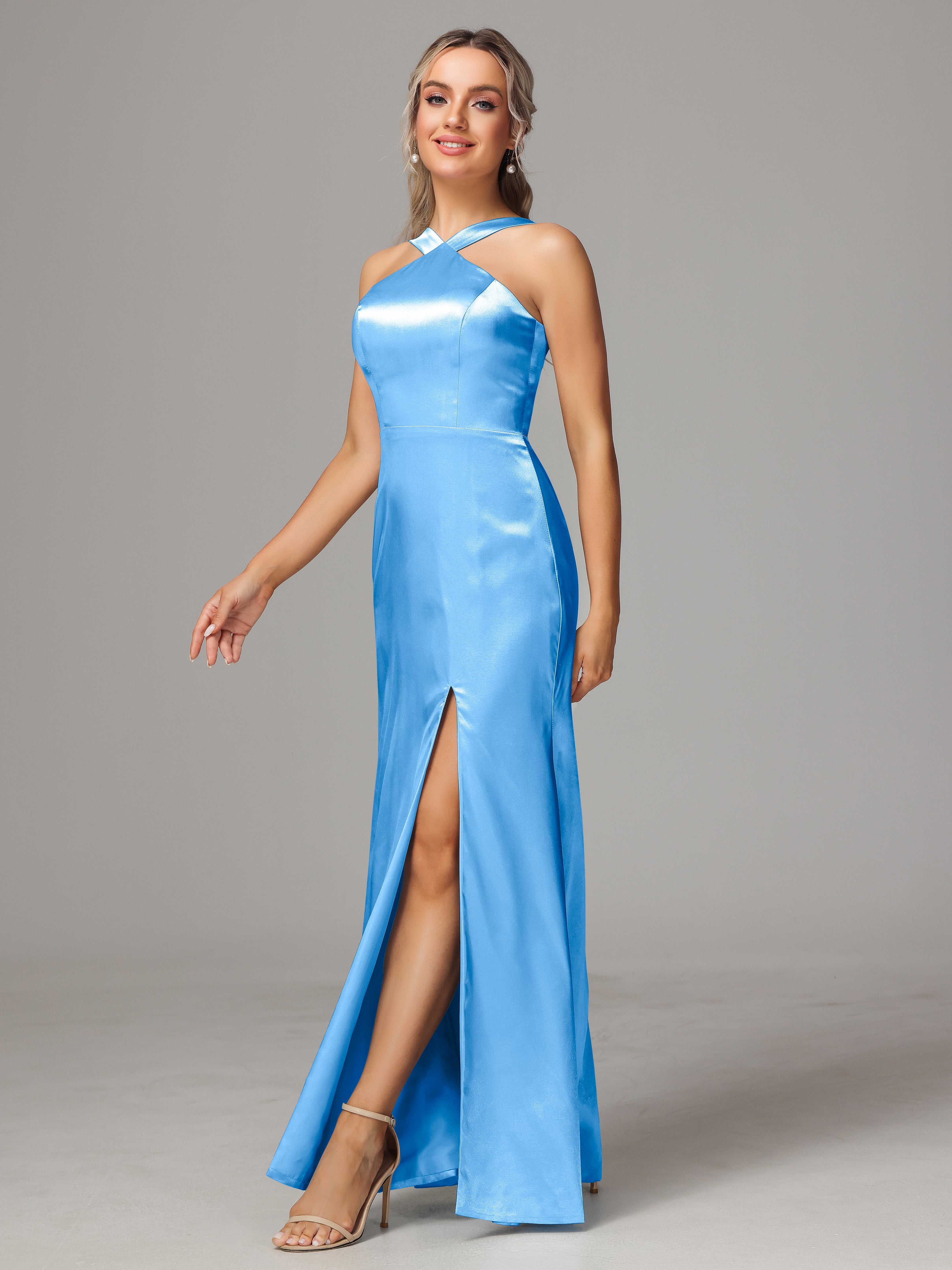 Sleeveless Lace Up Soft Satin Bridesmaid Dresses With Split