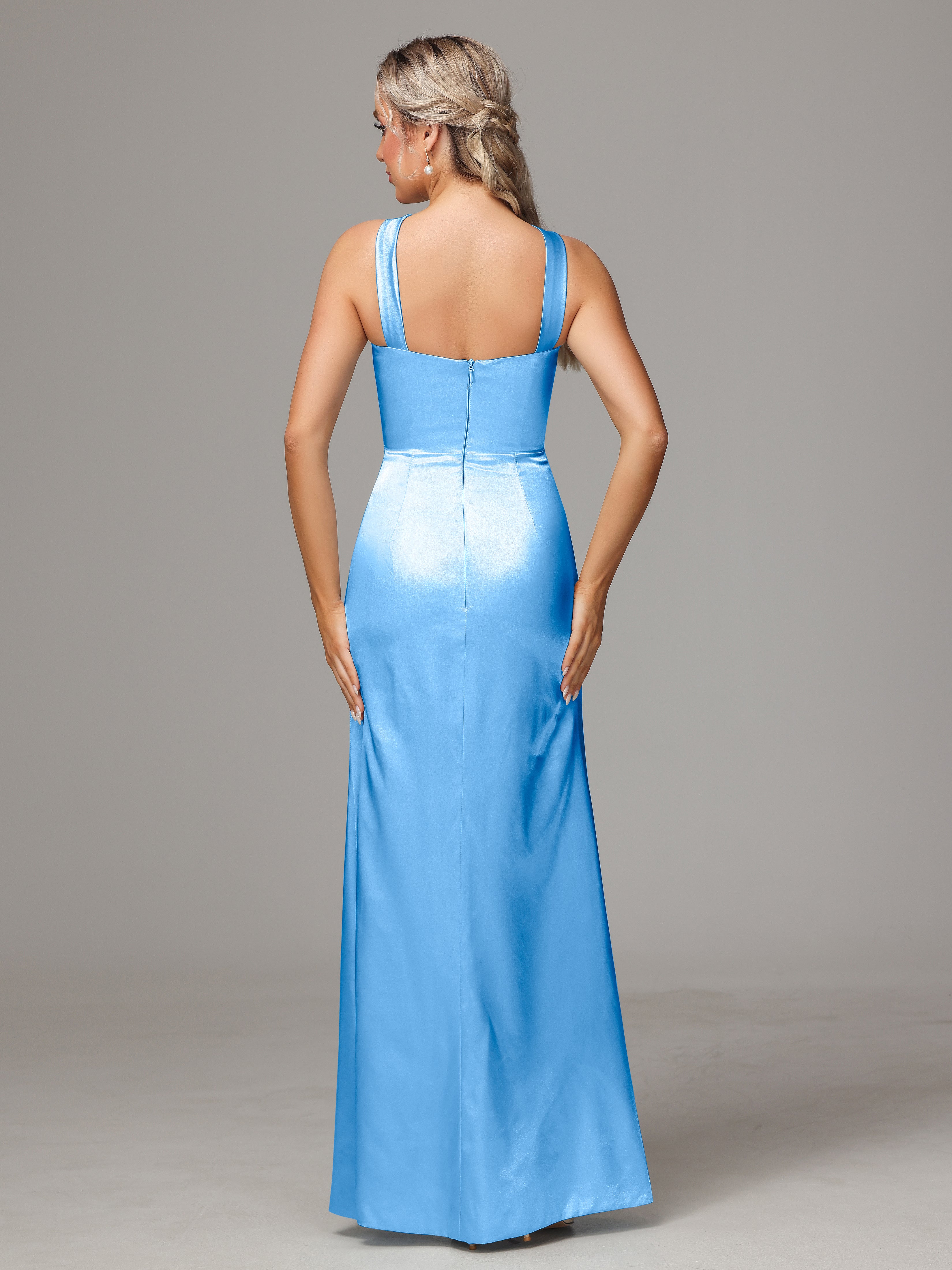 Sleeveless Lace Up Soft Satin Bridesmaid Dresses With Split