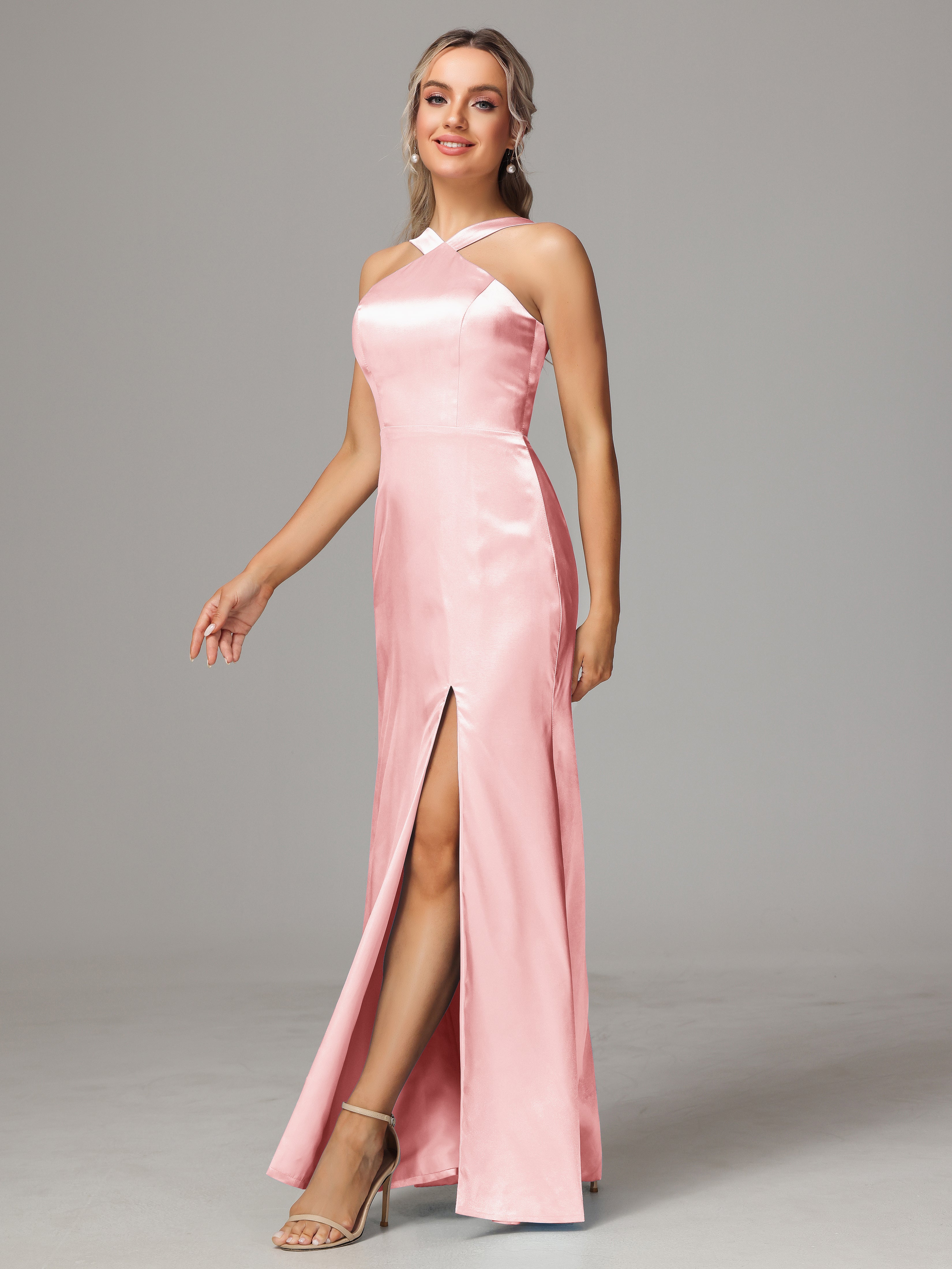 Sleeveless Lace Up Soft Satin Bridesmaid Dresses With Split
