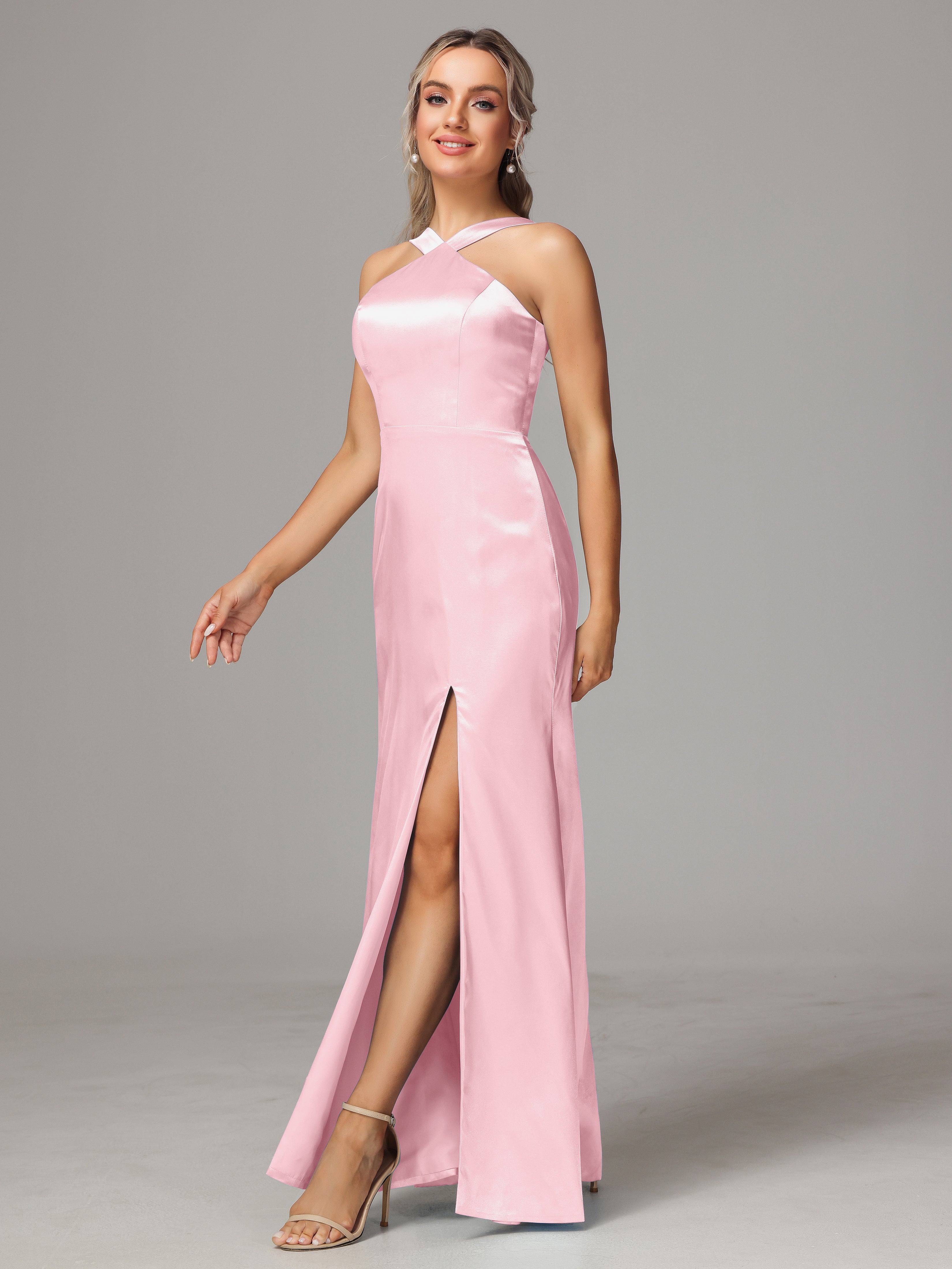 Sleeveless Lace Up Soft Satin Bridesmaid Dresses With Split