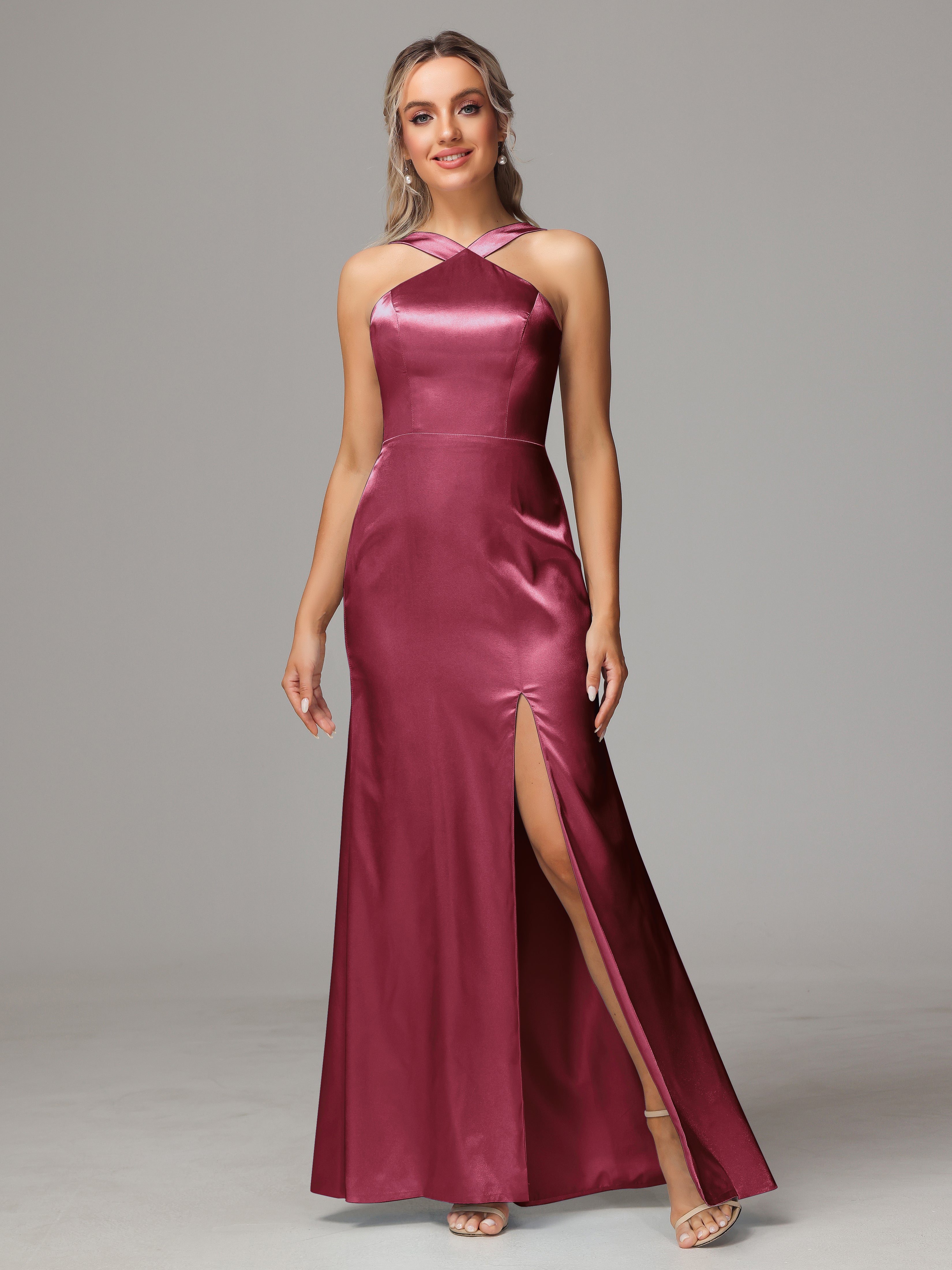 Sleeveless Lace Up Soft Satin Bridesmaid Dresses With Split