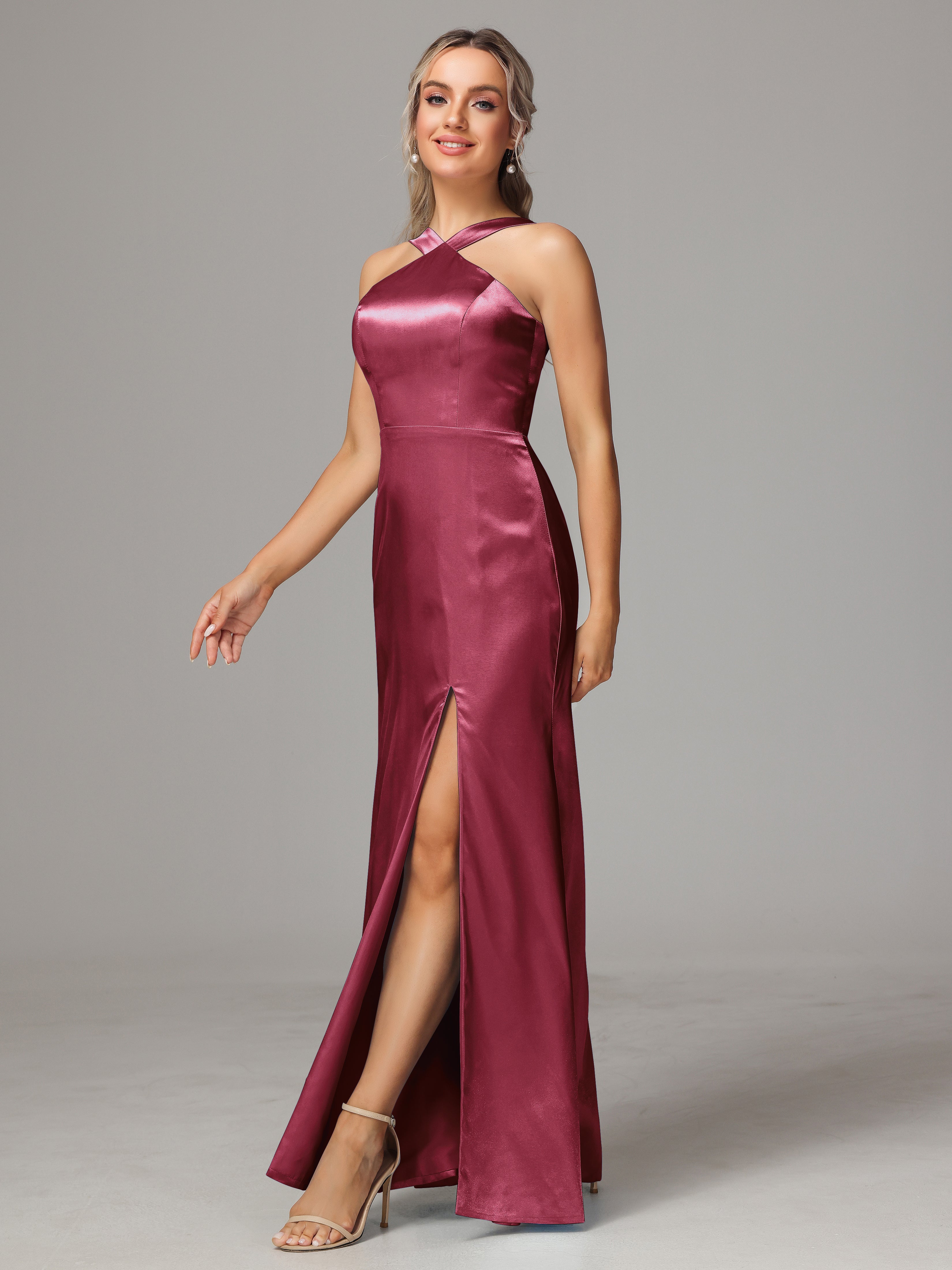 Sleeveless Lace Up Soft Satin Bridesmaid Dresses With Split