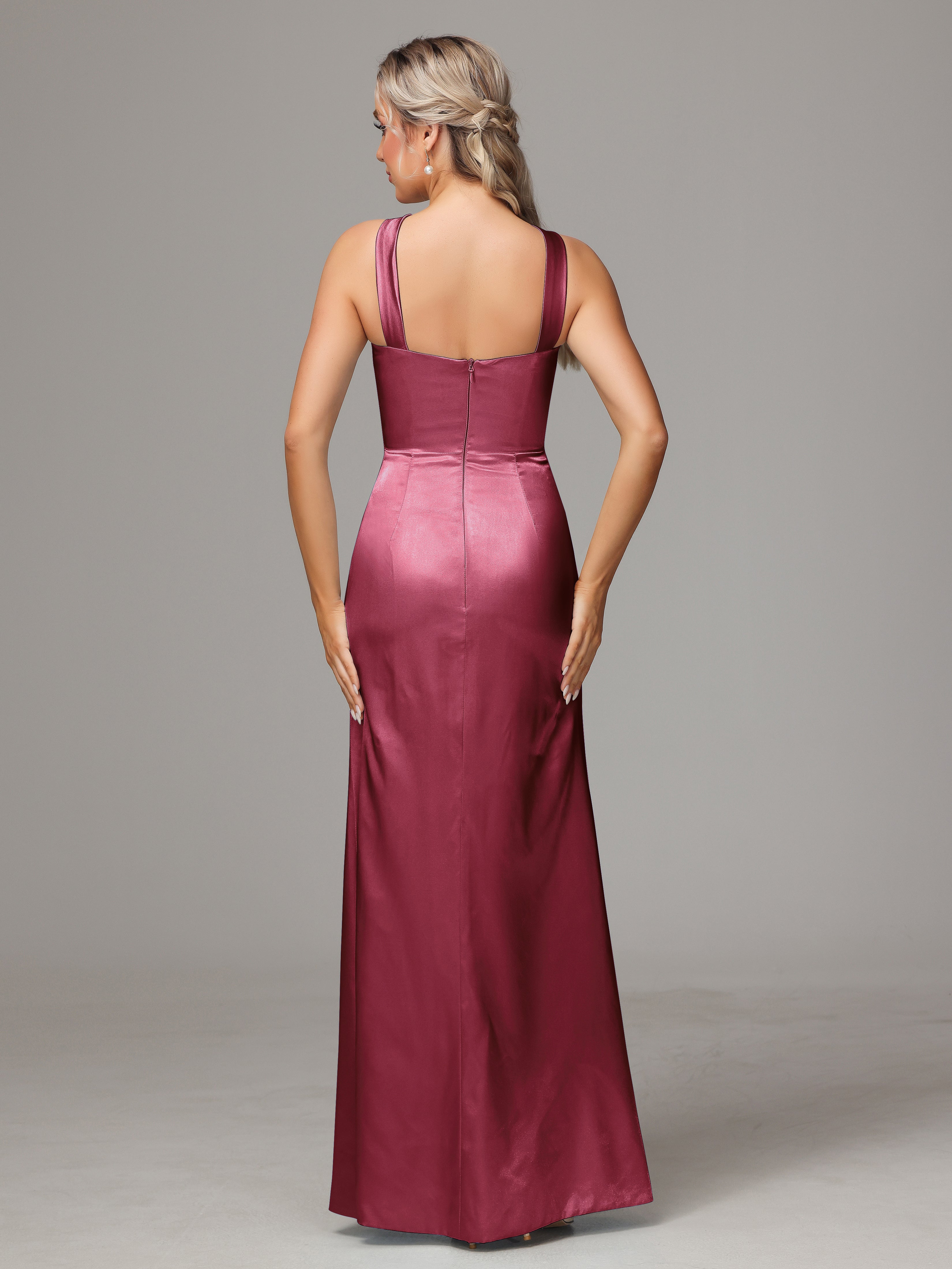 Sleeveless Lace Up Soft Satin Bridesmaid Dresses With Split