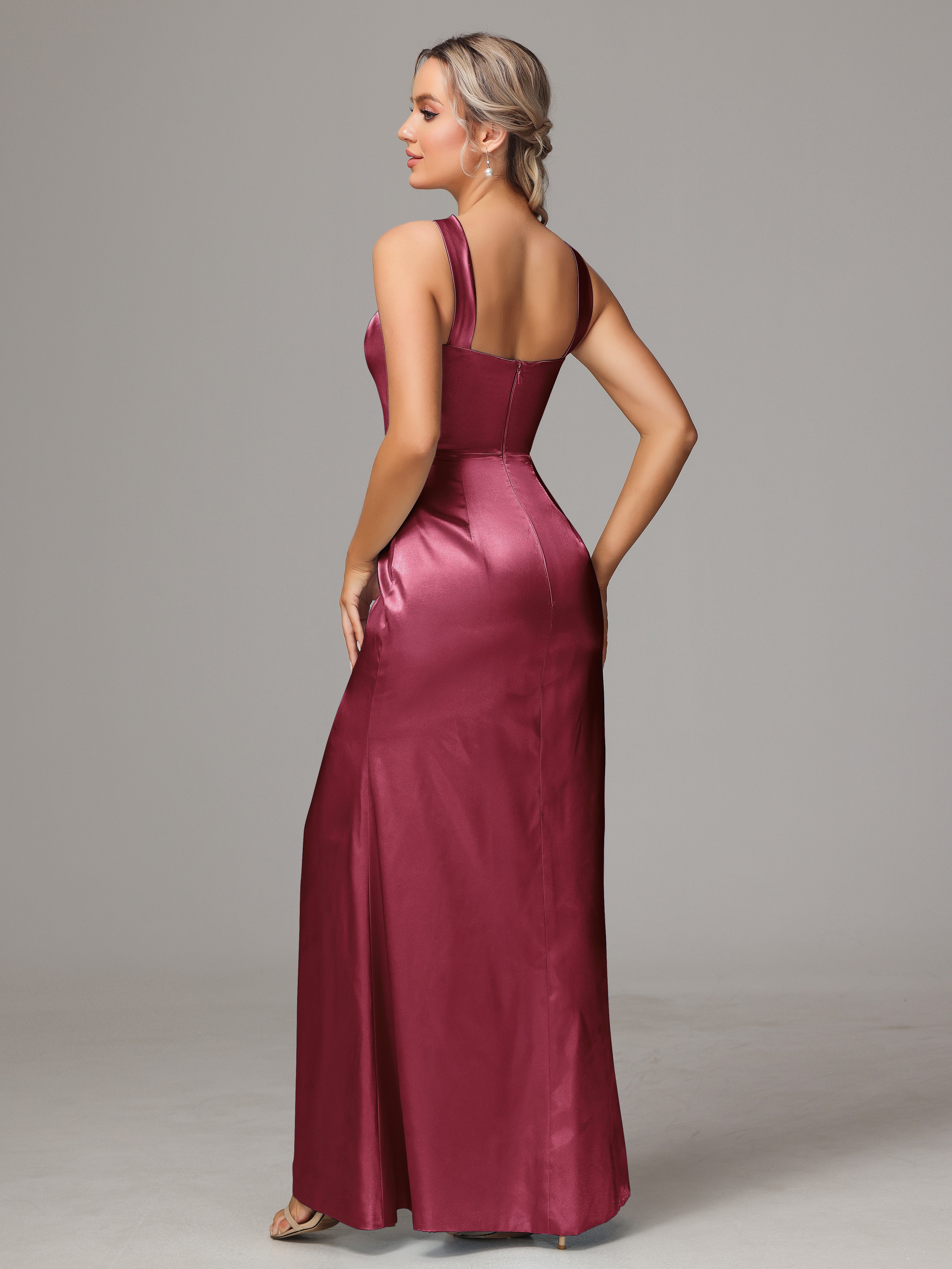 Sleeveless Lace Up Soft Satin Bridesmaid Dresses With Split