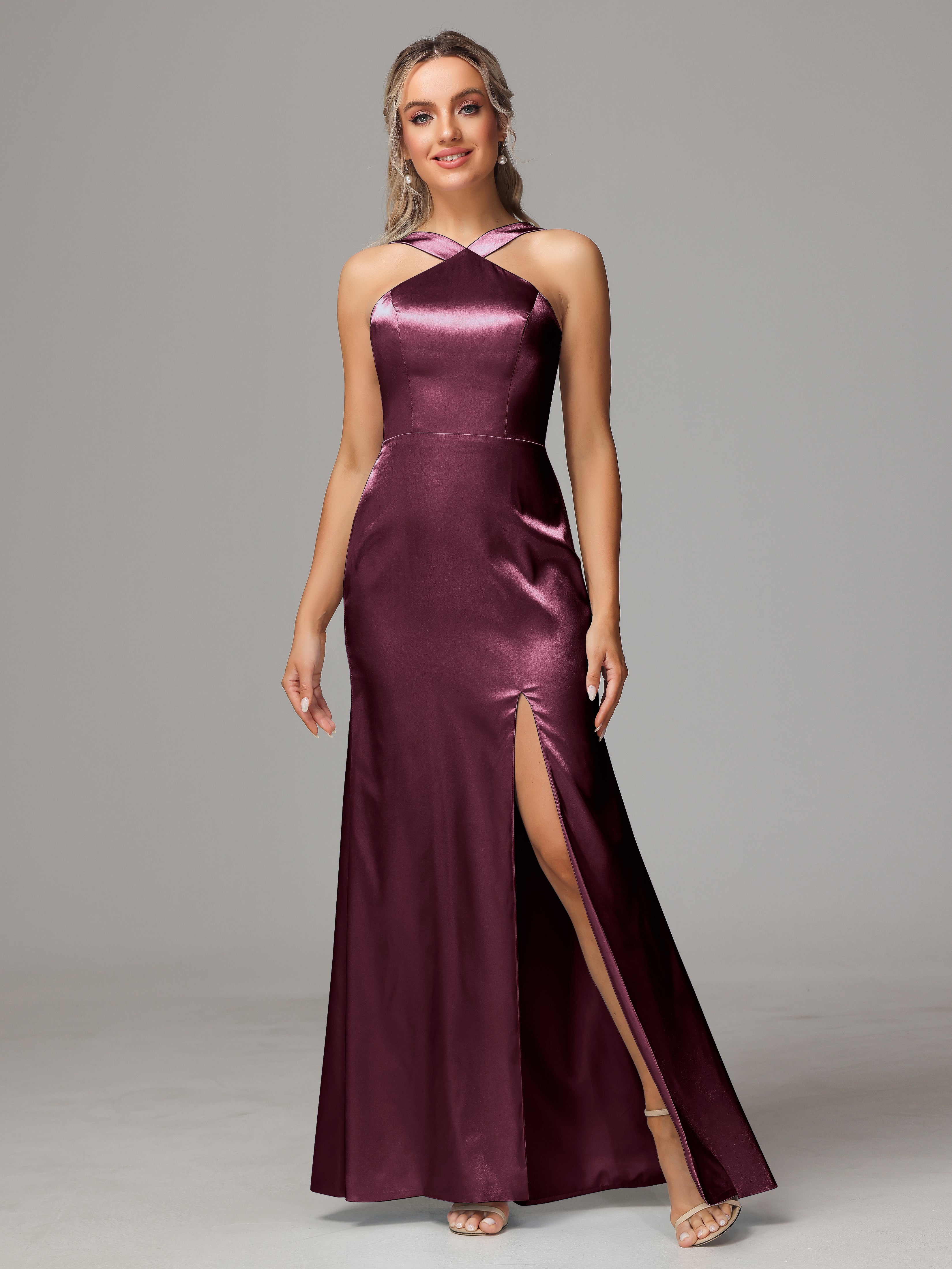 Sleeveless Lace Up Soft Satin Bridesmaid Dresses With Split