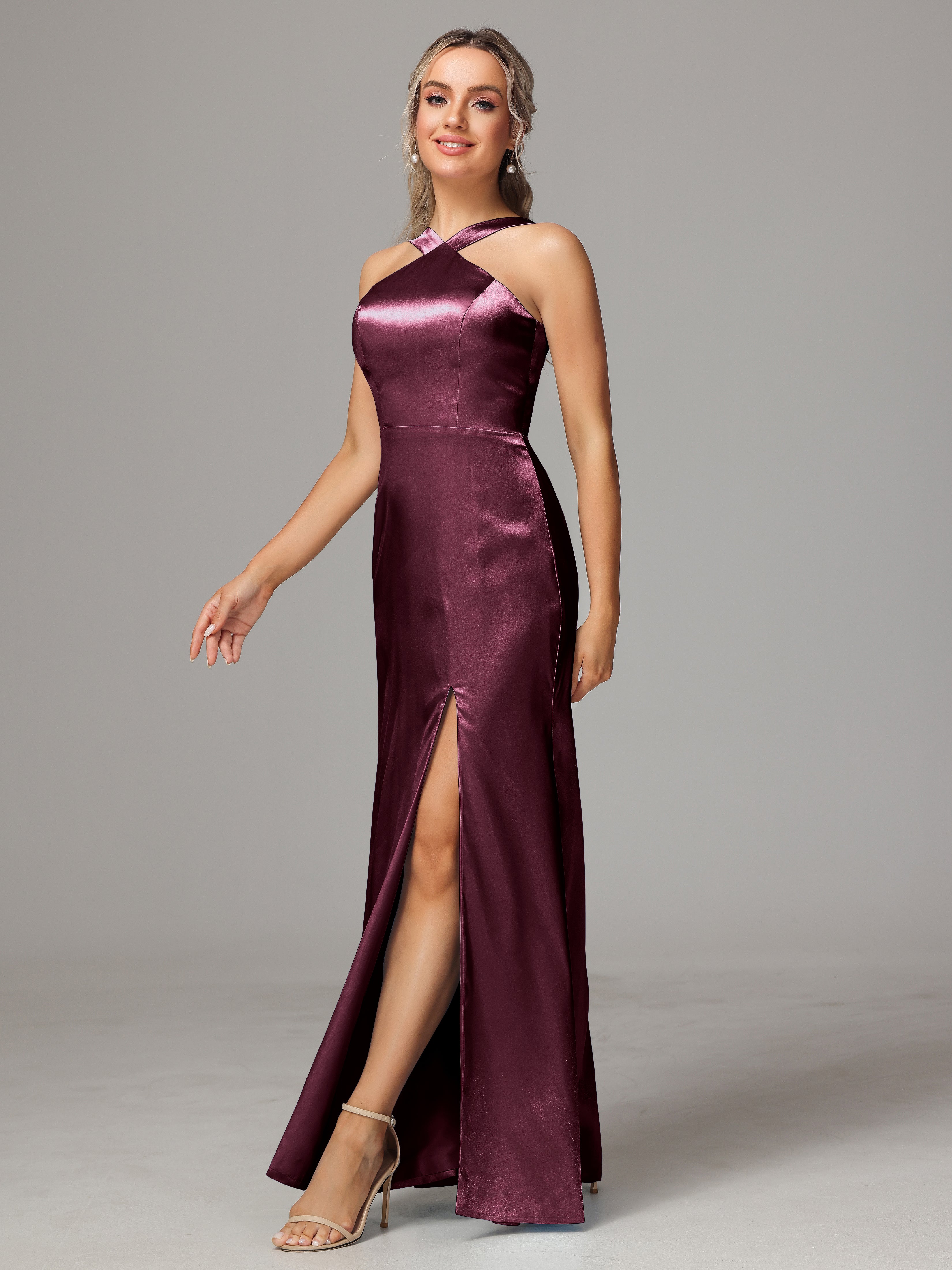 Sleeveless Lace Up Soft Satin Bridesmaid Dresses With Split